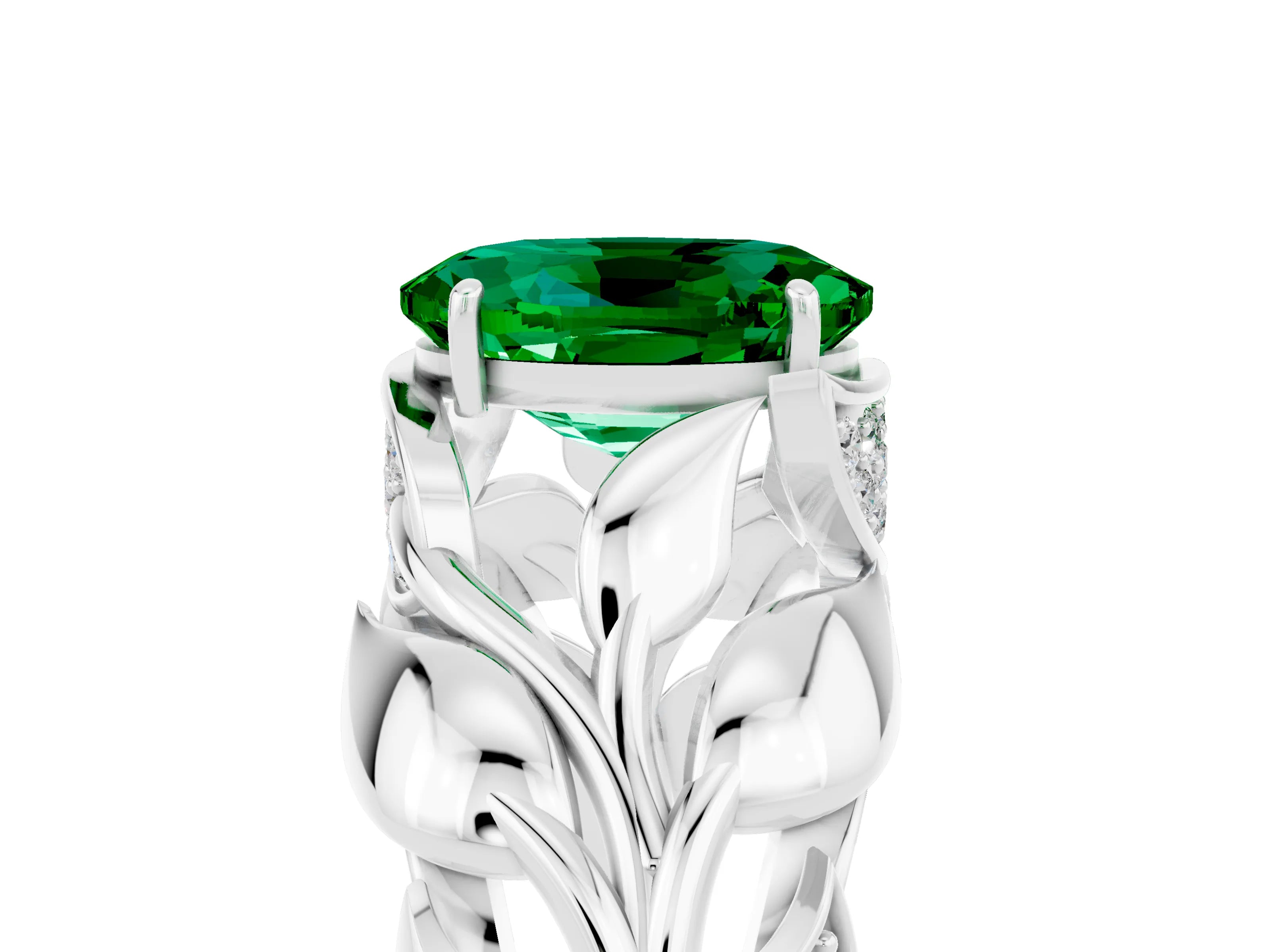 White gold Oval Cut Solitaire Leaf-Inspired Engagement Ring with Prong Setting_5