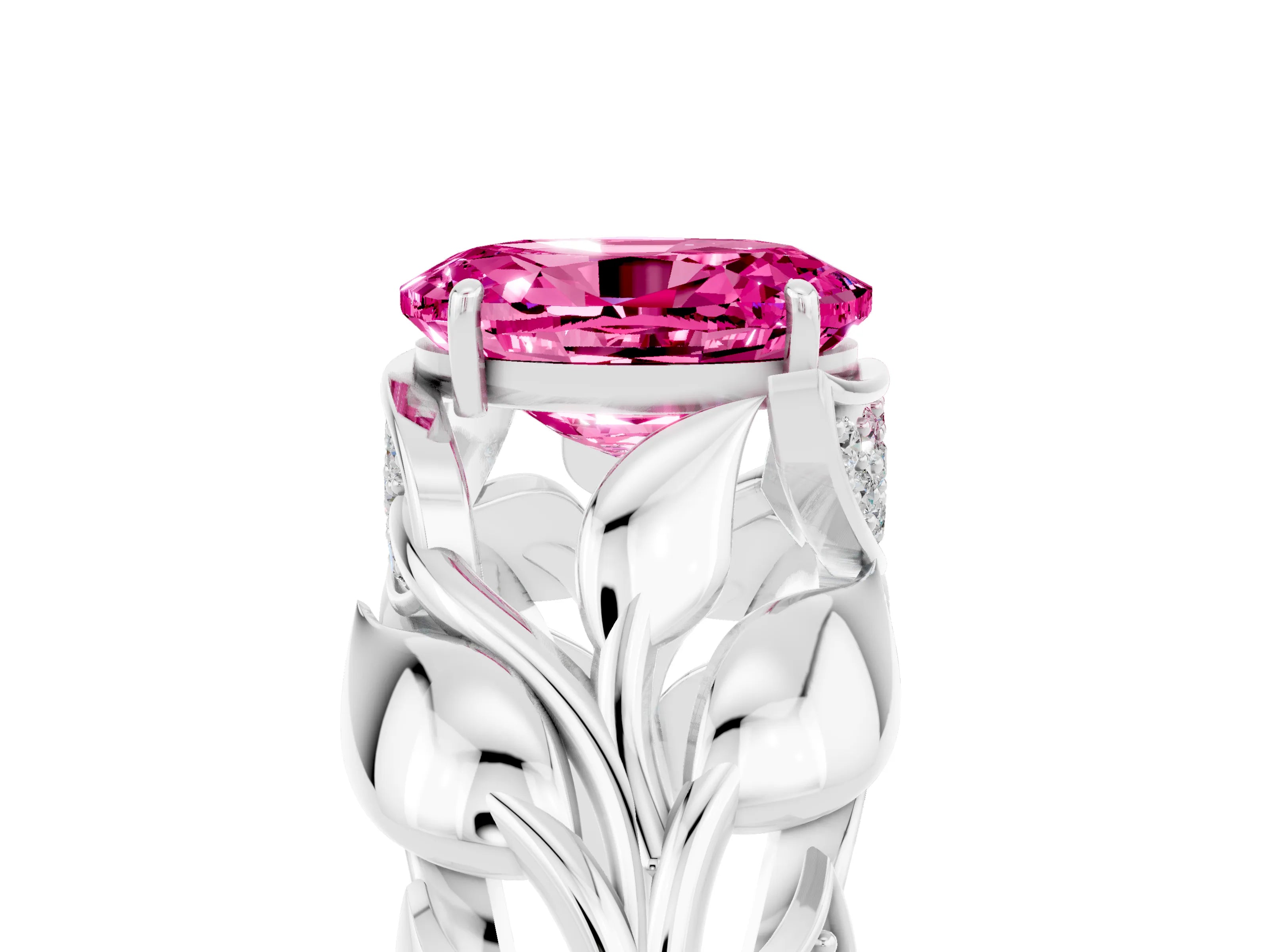 White gold Oval Cut Solitaire Leaf-Inspired Engagement Ring with Prong Setting_5