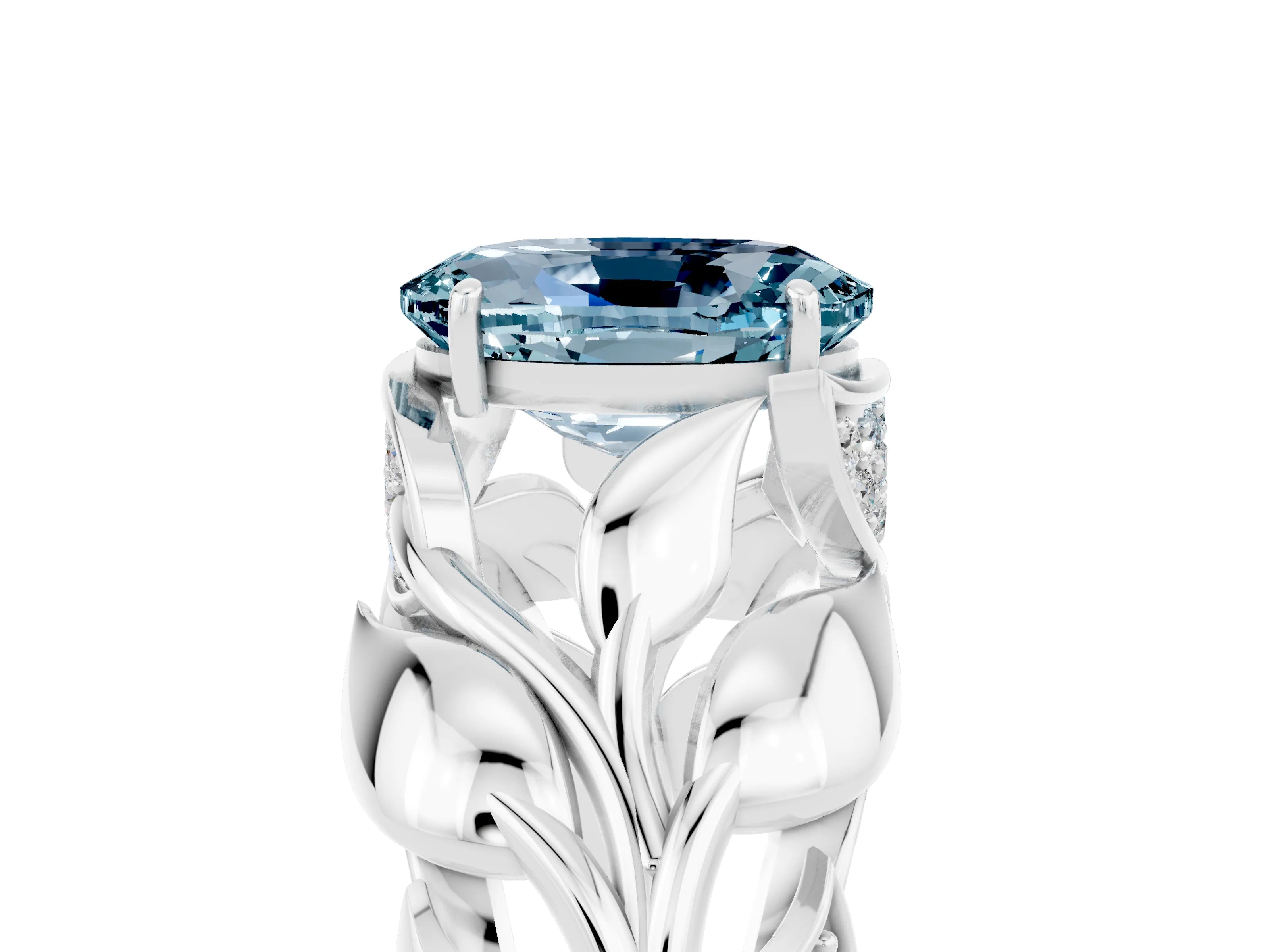 White gold Oval Cut Solitaire Leaf-Inspired Engagement Ring with Prong Setting_5