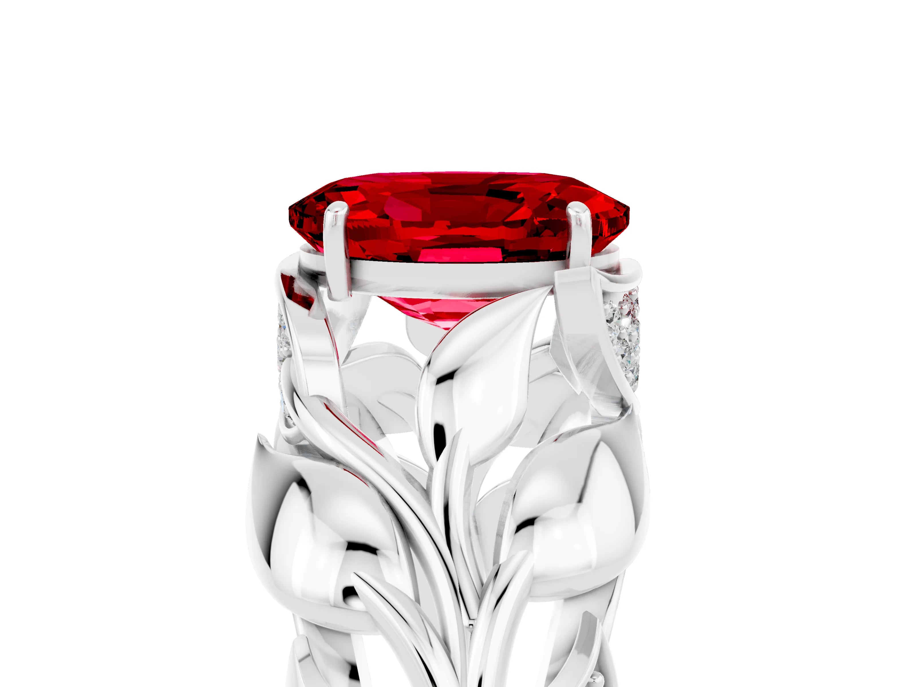 White gold Oval Cut Solitaire Leaf-Inspired Engagement Ring with Prong Setting_5