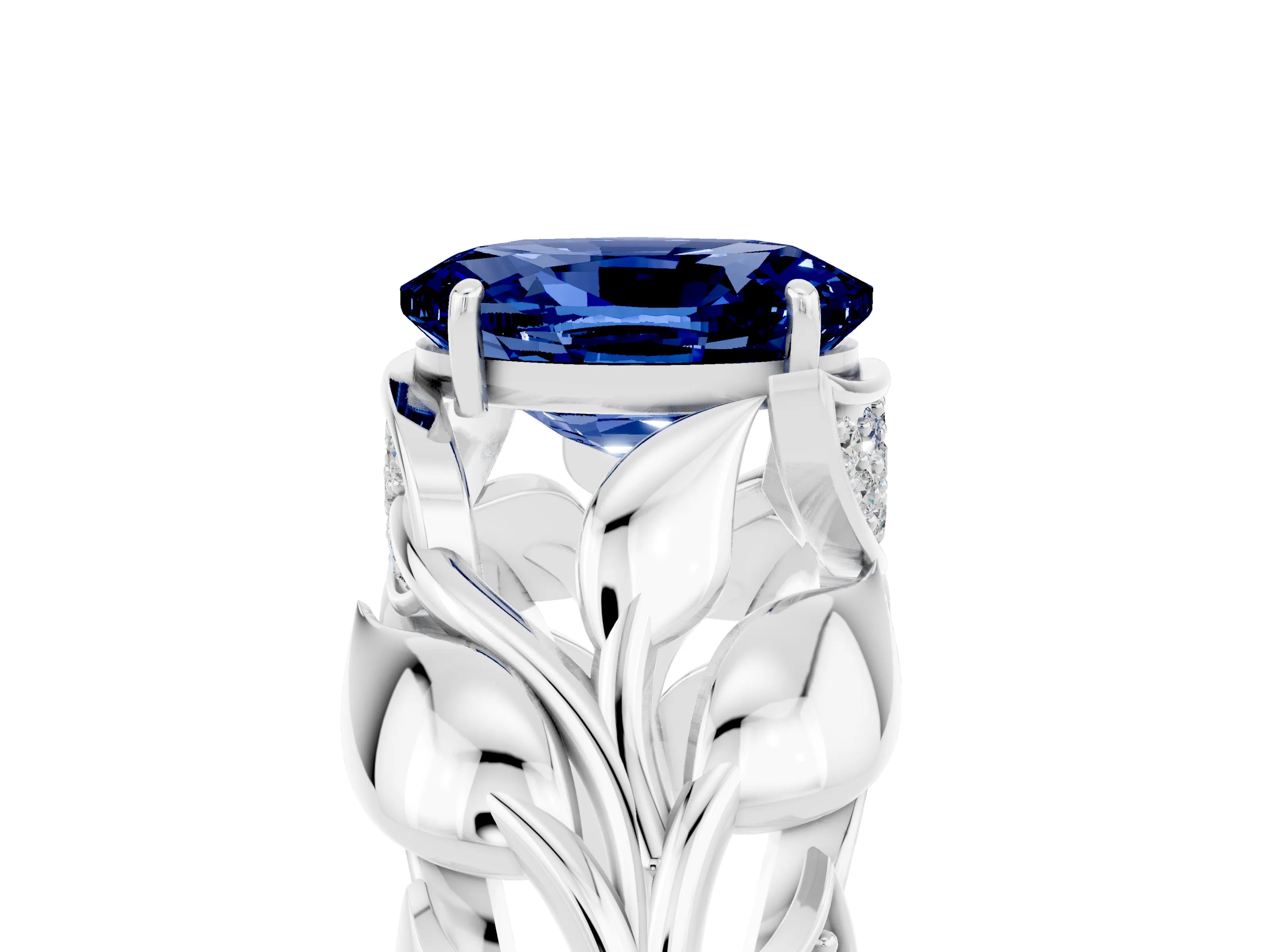 White gold Oval Cut Solitaire Leaf-Inspired Engagement Ring with Prong Setting_5
