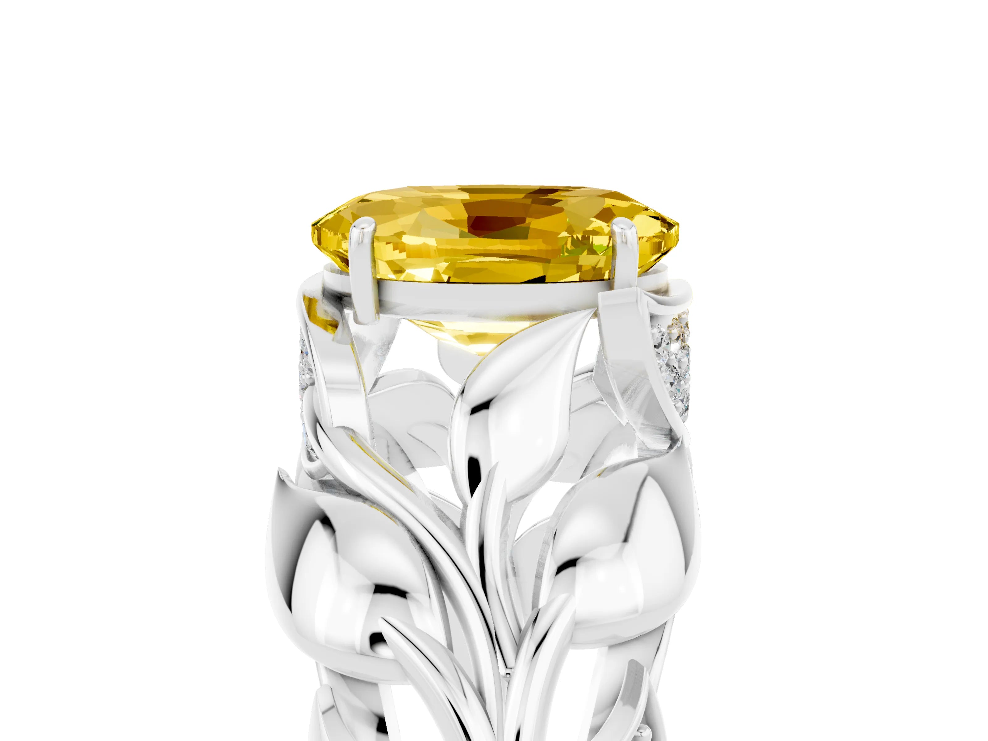 White gold Oval Cut Solitaire Leaf-Inspired Engagement Ring with Prong Setting_5