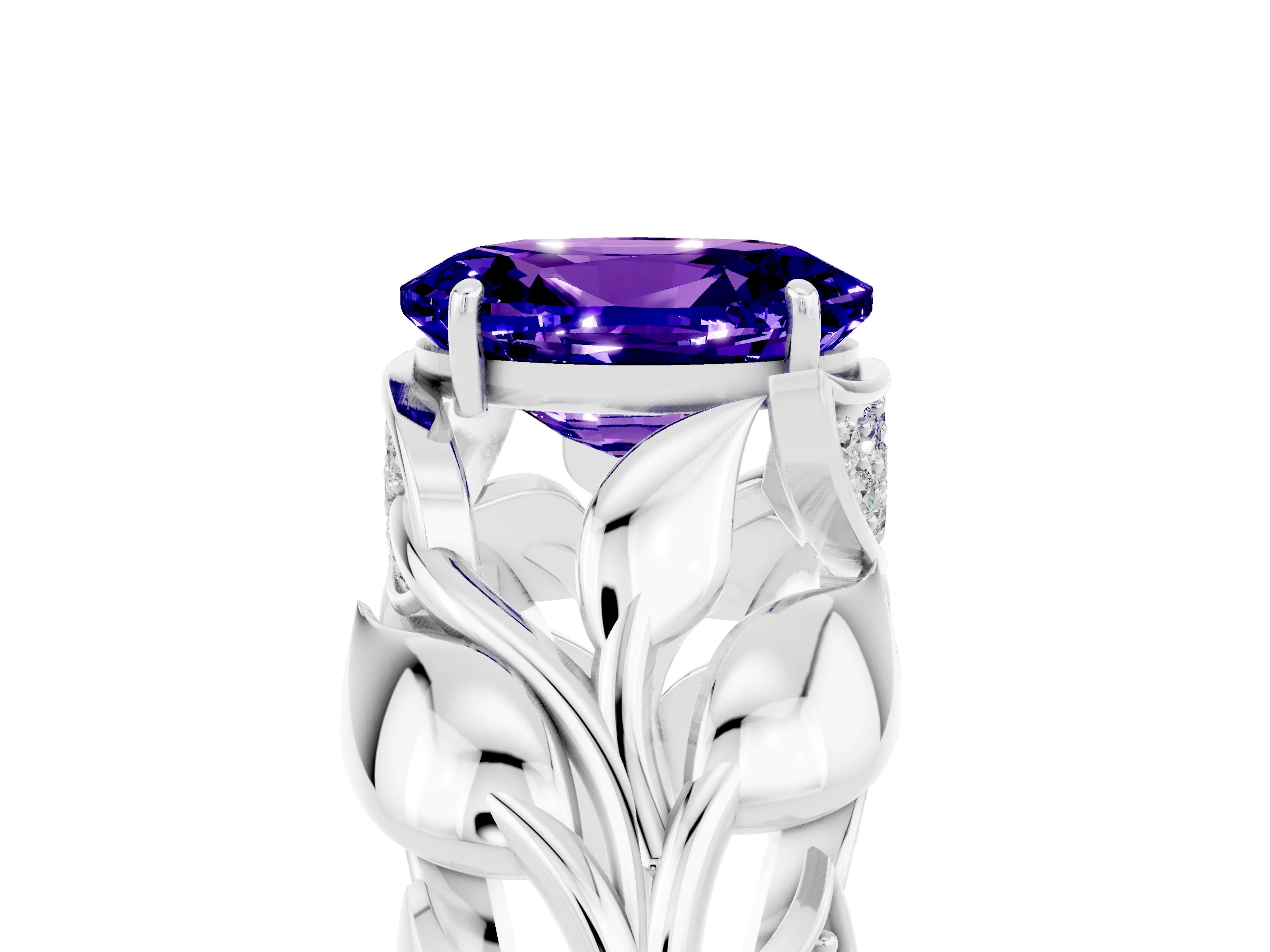 White gold Oval Cut Solitaire Leaf-Inspired Engagement Ring with Prong Setting_5