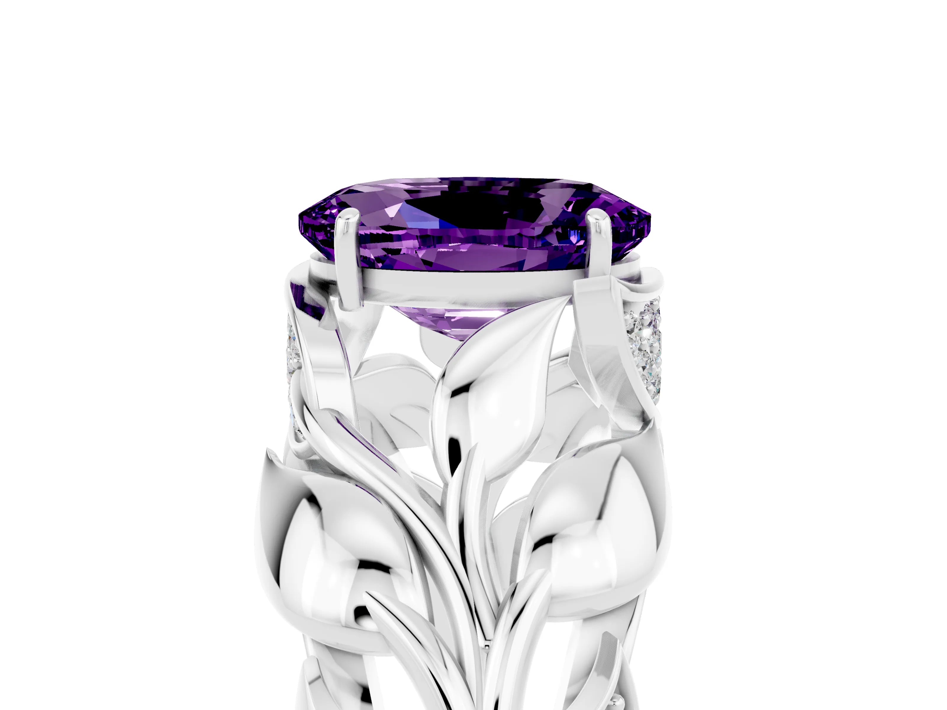 White gold Oval Cut Solitaire Leaf-Inspired Engagement Ring with Prong Setting_5