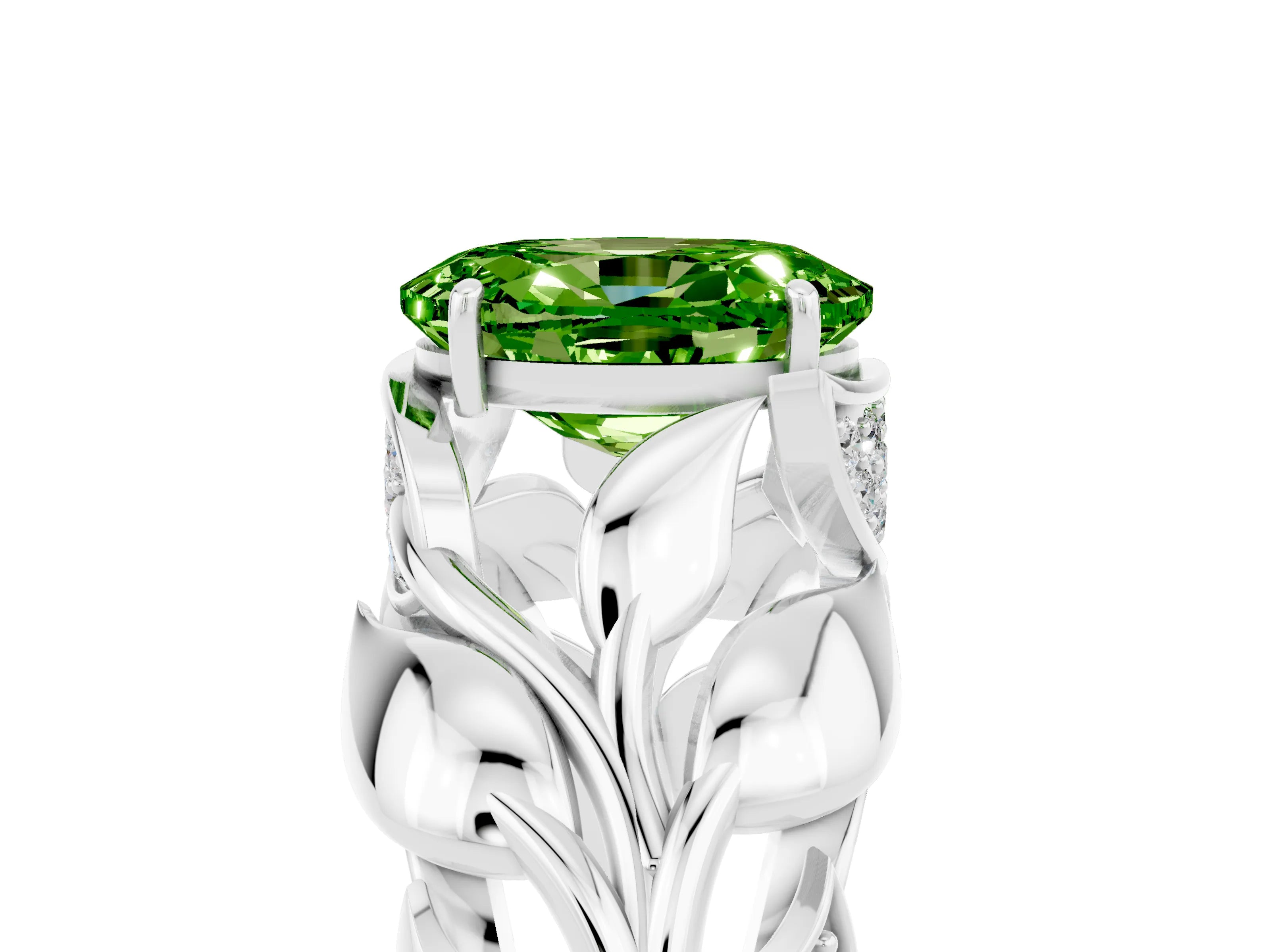 White gold Oval Cut Solitaire Leaf-Inspired Engagement Ring with Prong Setting_5