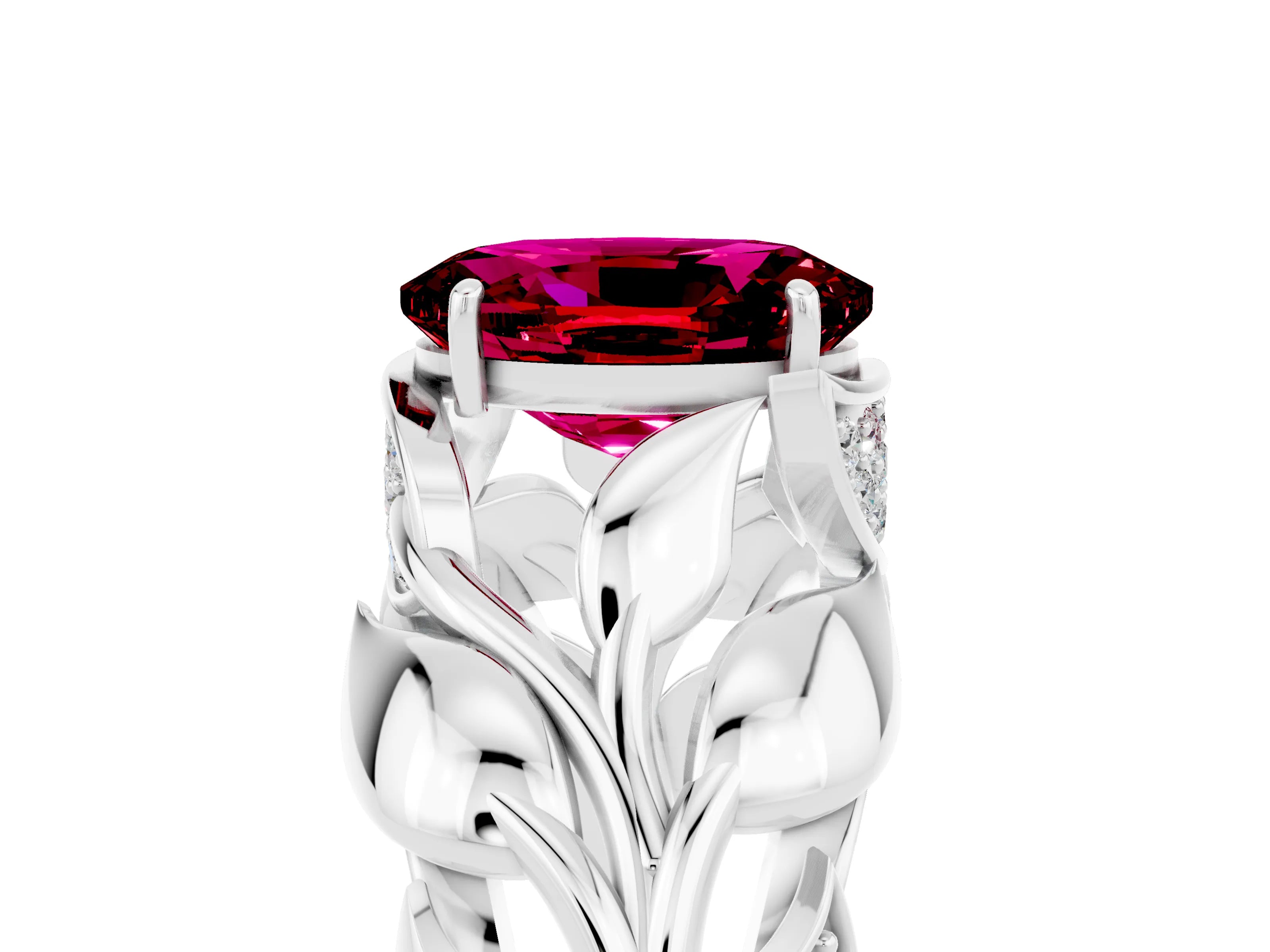 White gold Oval Cut Solitaire Leaf-Inspired Engagement Ring with Prong Setting_5
