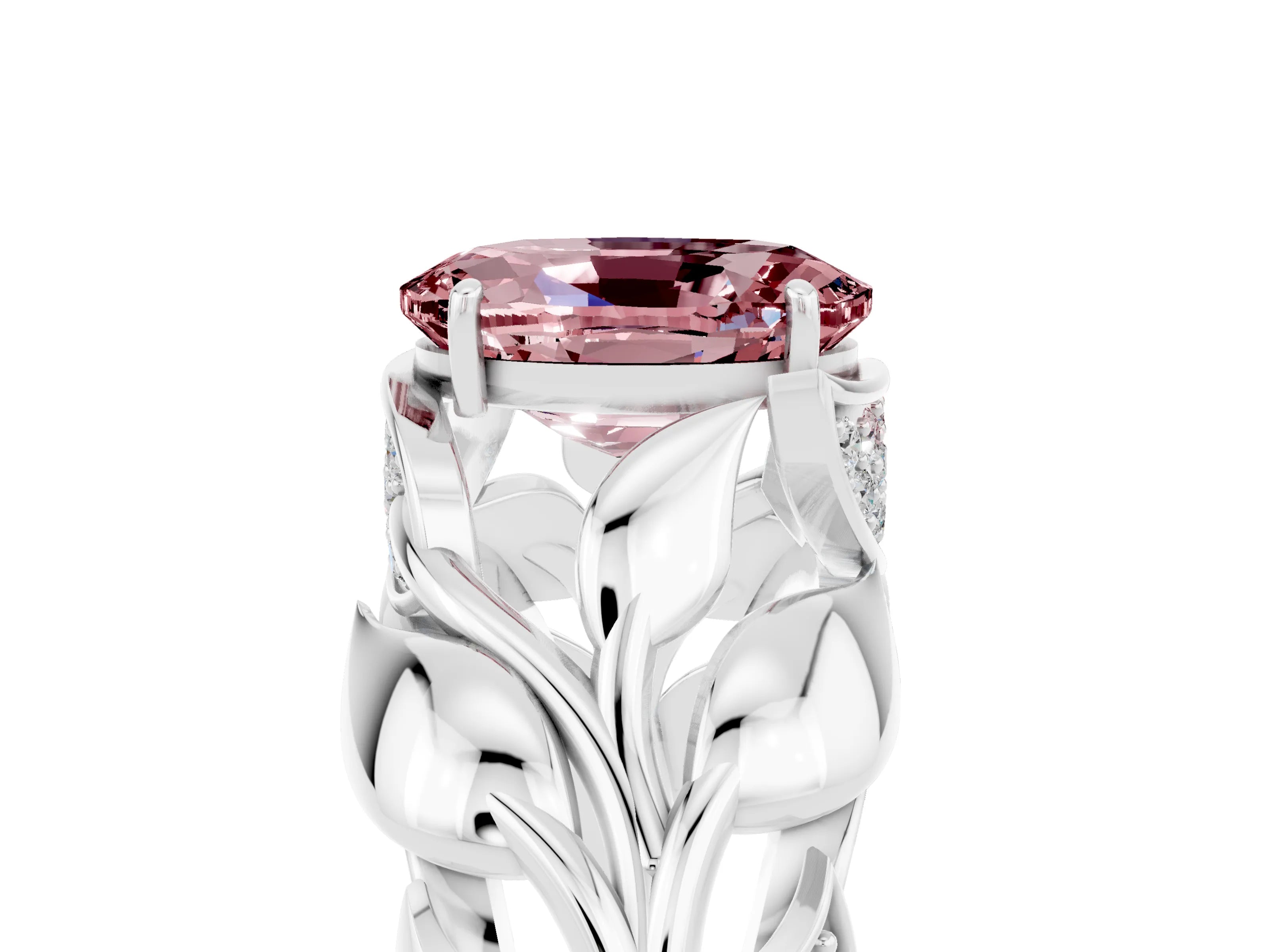 White gold Oval Cut Solitaire Leaf-Inspired Engagement Ring with Prong Setting_5