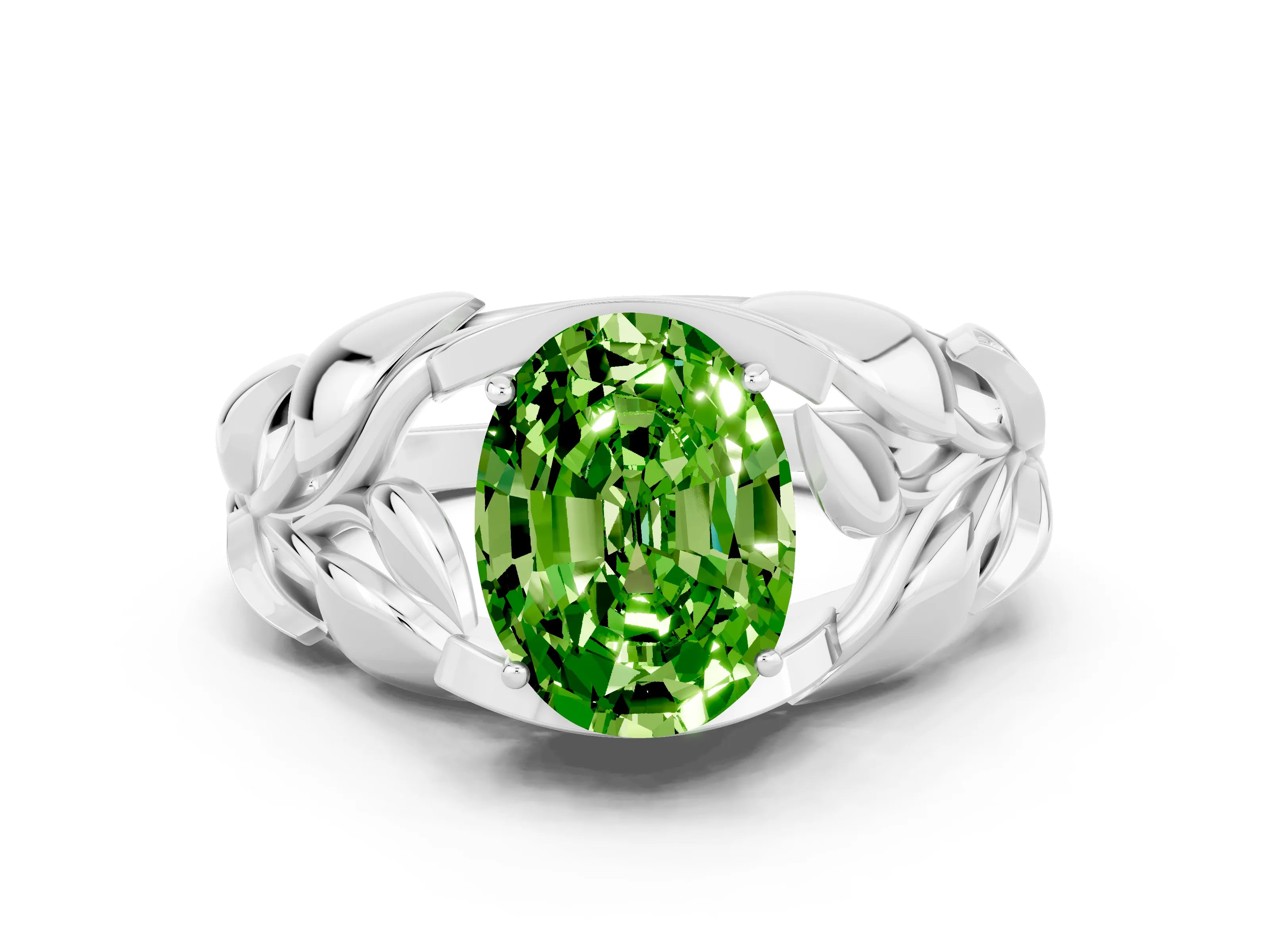 White gold Oval Cut Solitaire Leaf-Inspired Engagement Ring with Prong Setting