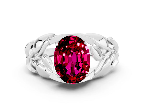 Platinum Oval Cut Garnet Leaf-Inspired Engagement Ring with Round Accents and Prong Setting