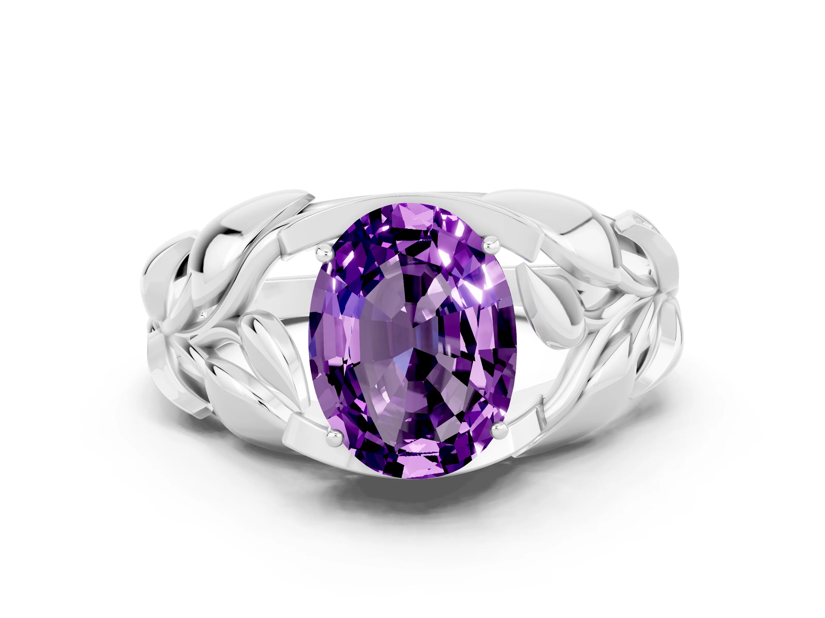White gold Oval Cut Solitaire Leaf-Inspired Engagement Ring with Prong Setting