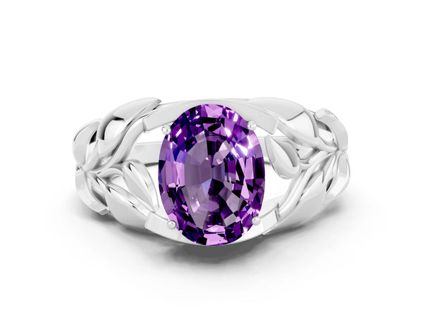 Silver Oval Cut Amethyst Leaf-Inspired Engagement Ring with Round Accents and Prong Setting