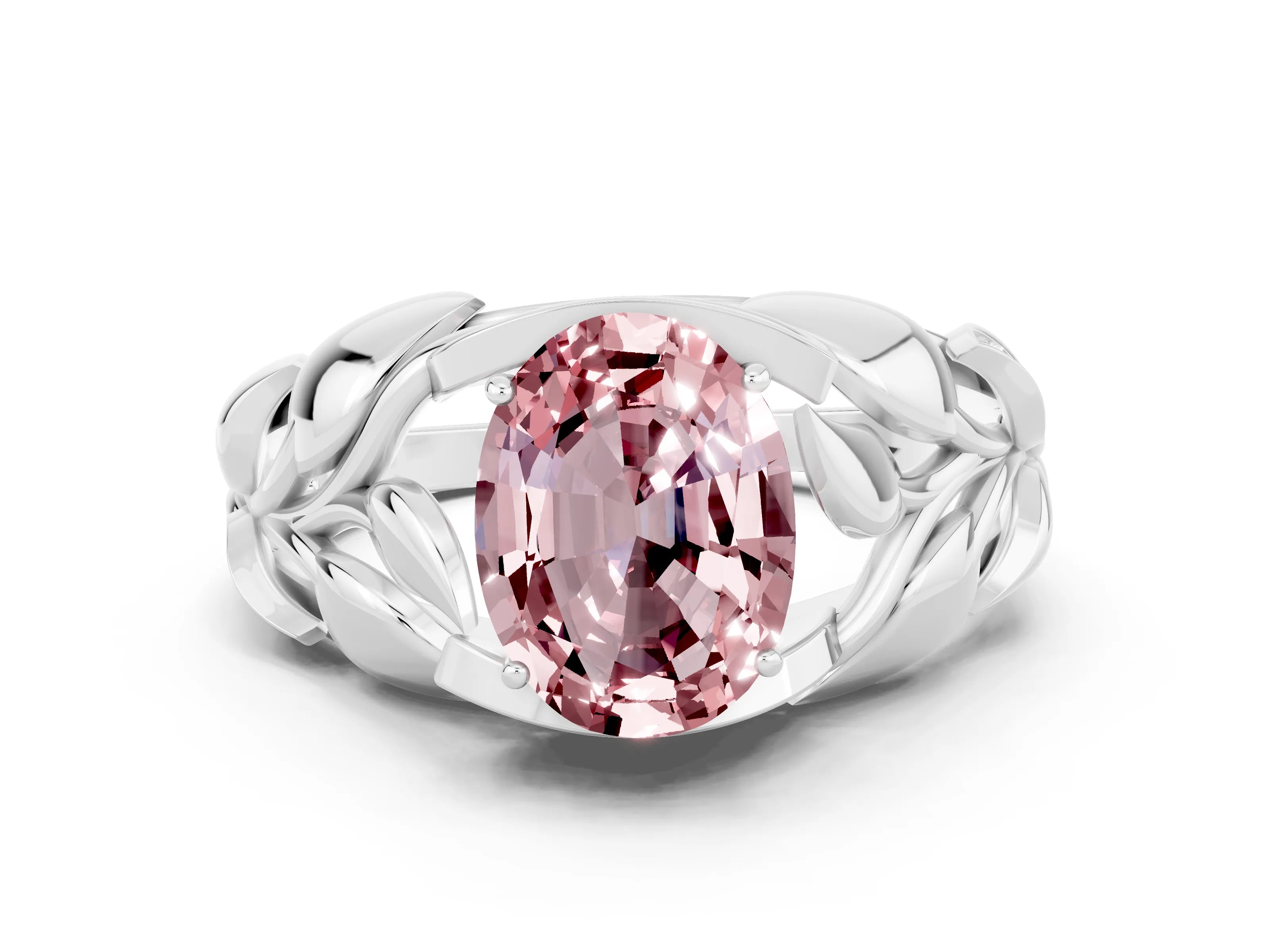 White gold Oval Cut Solitaire Leaf-Inspired Engagement Ring with Prong Setting