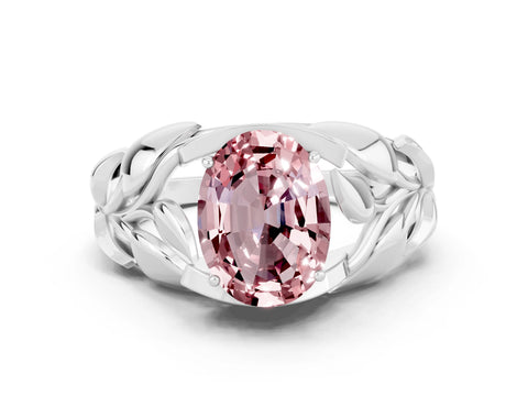 White gold Oval Cut Solitaire Leaf-Inspired Engagement Ring with Prong Setting