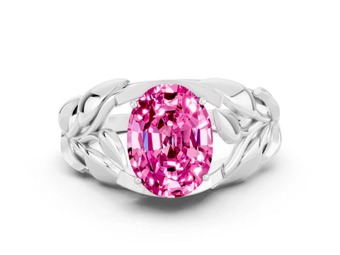 White gold Oval Cut Solitaire Leaf-Inspired Engagement Ring with Prong Setting