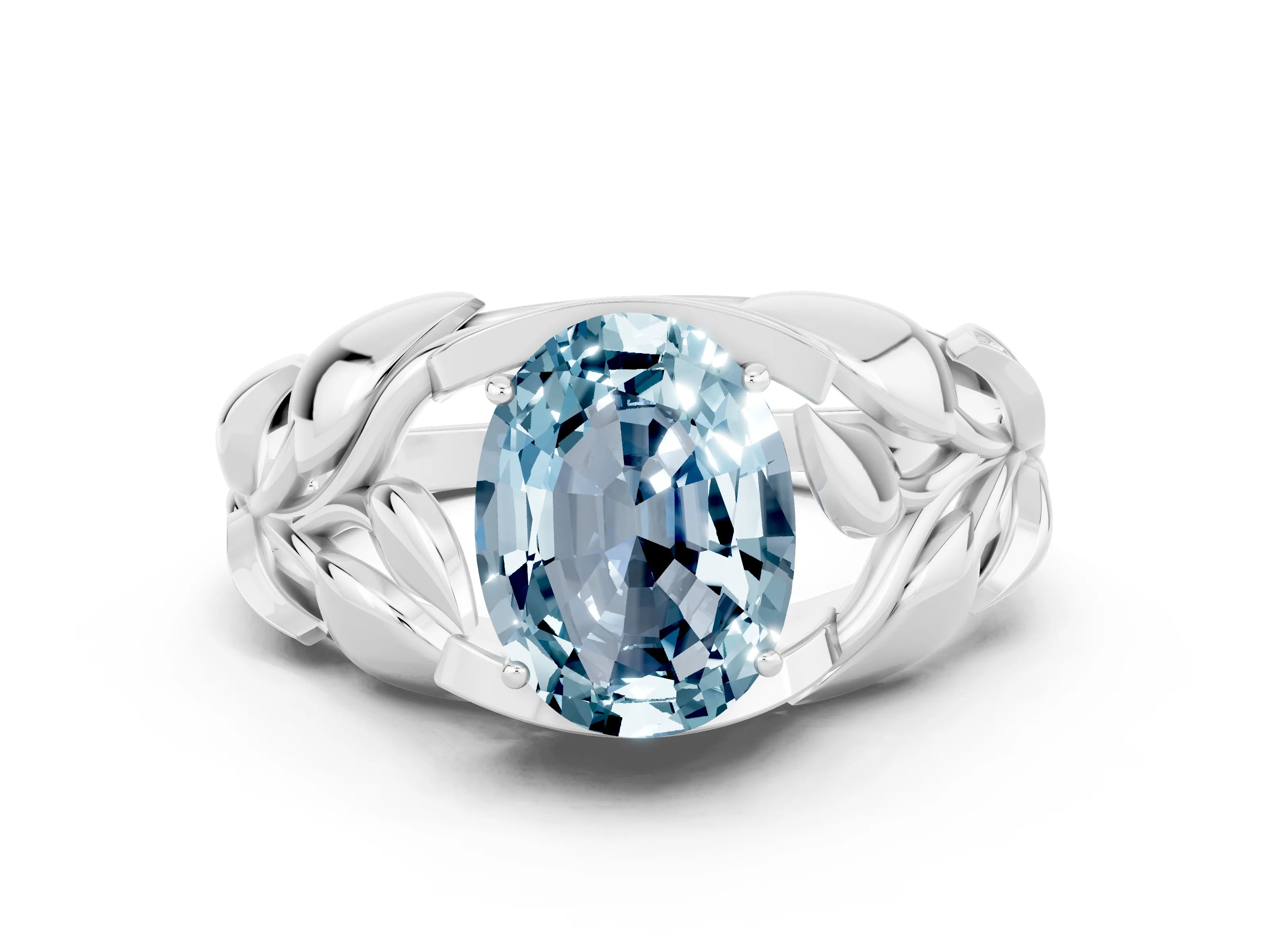 White gold Oval Cut Solitaire Leaf-Inspired Engagement Ring with Prong Setting