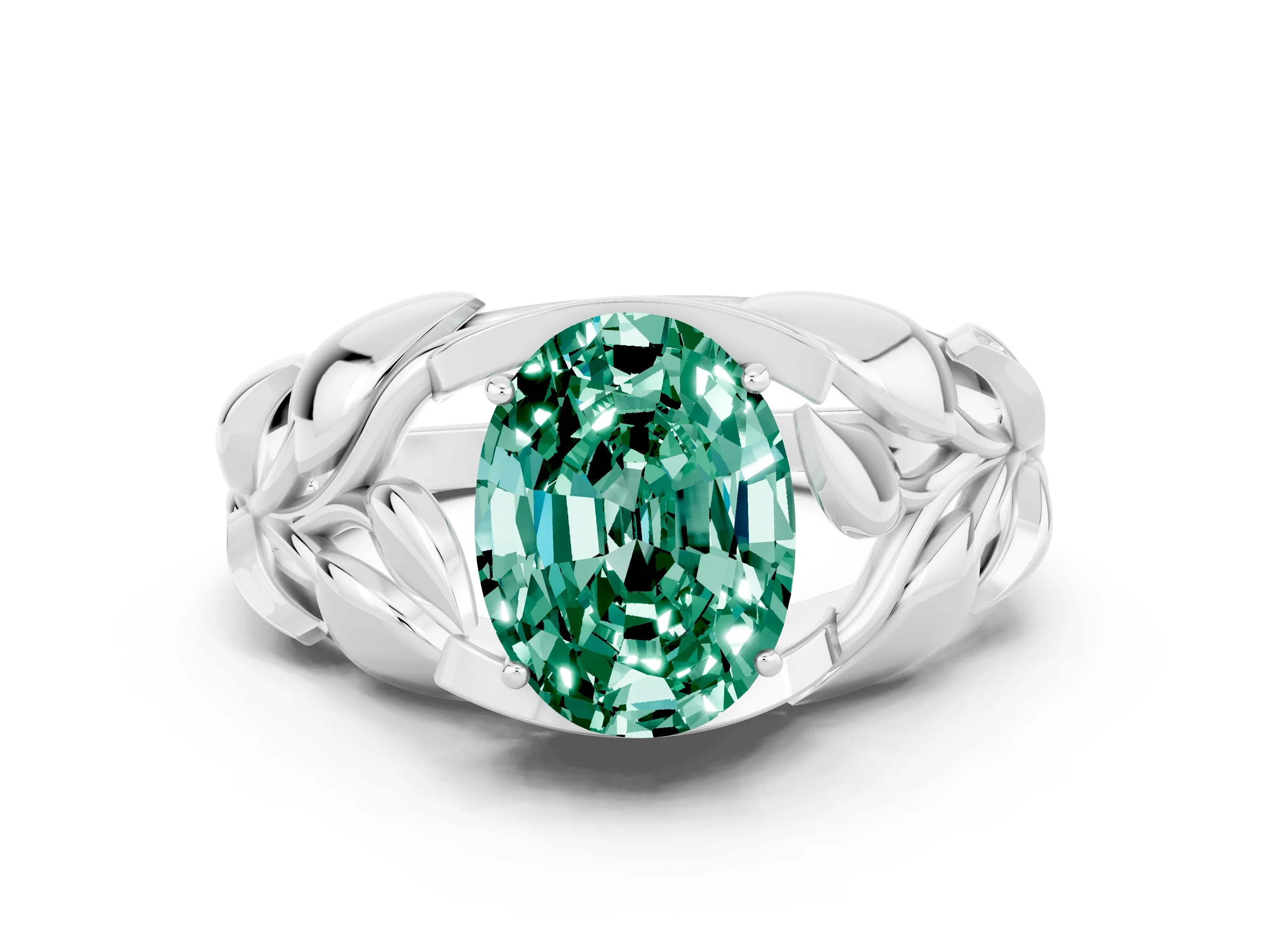 White gold Oval Cut Solitaire Leaf-Inspired Engagement Ring with Prong Setting