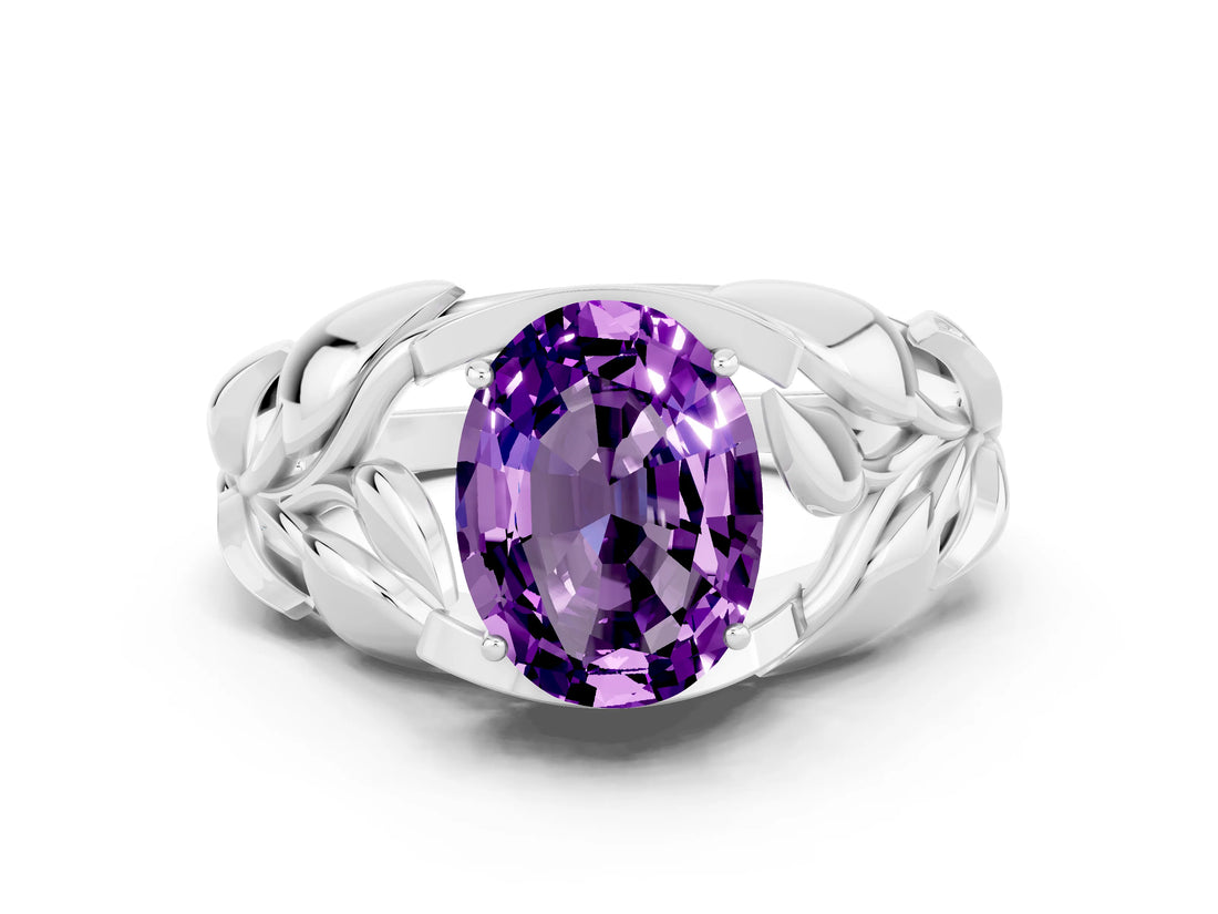 White gold Oval Cut Solitaire Leaf-Inspired Engagement Ring with Prong Setting