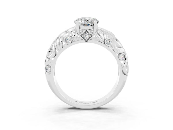 White gold Oval Cut Solitaire Moissanite Leaf-Inspired Vine Band Ring with Prong Setting