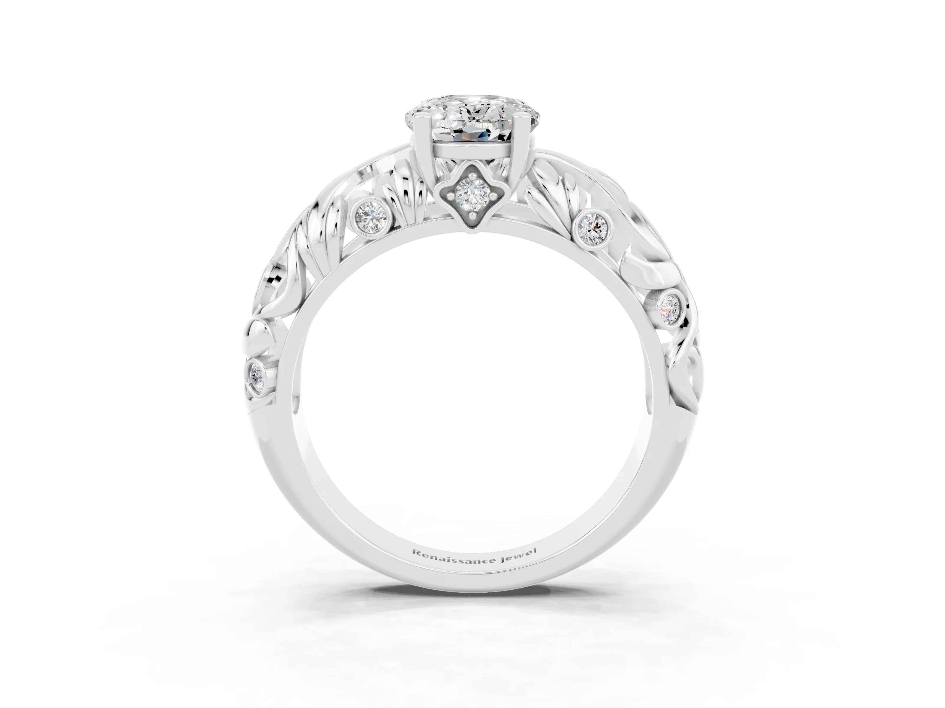 White gold Oval Cut Solitaire Moissanite Leaf-Inspired Vine Band Ring with Prong Setting_3