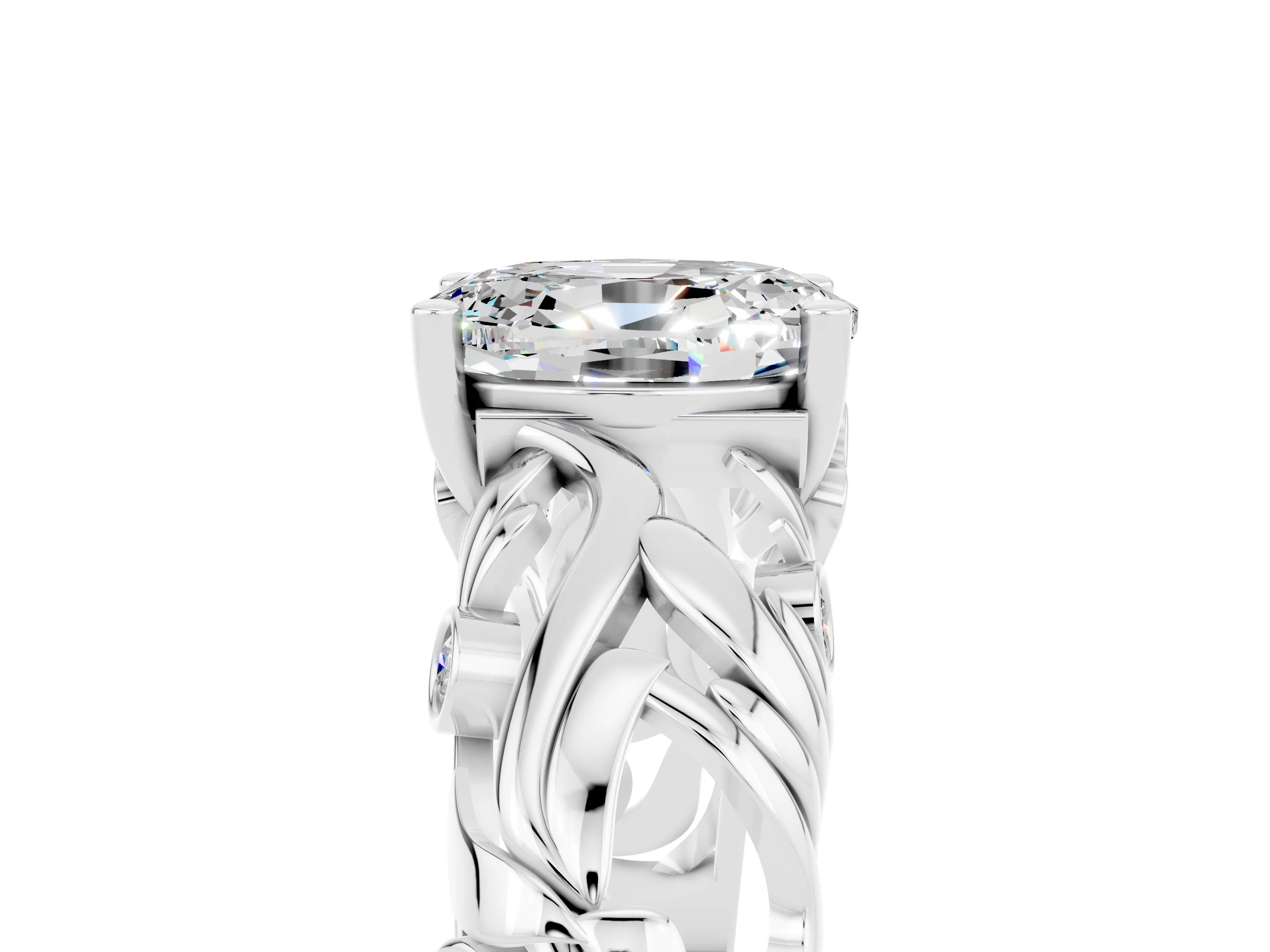 White gold Oval Cut Solitaire Moissanite Leaf-Inspired Vine Band Ring with Prong Setting_5