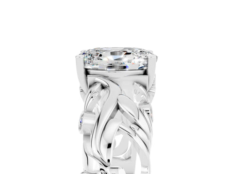 White gold Oval Cut Solitaire Moissanite Leaf-Inspired Vine Band Ring with Prong Setting_5