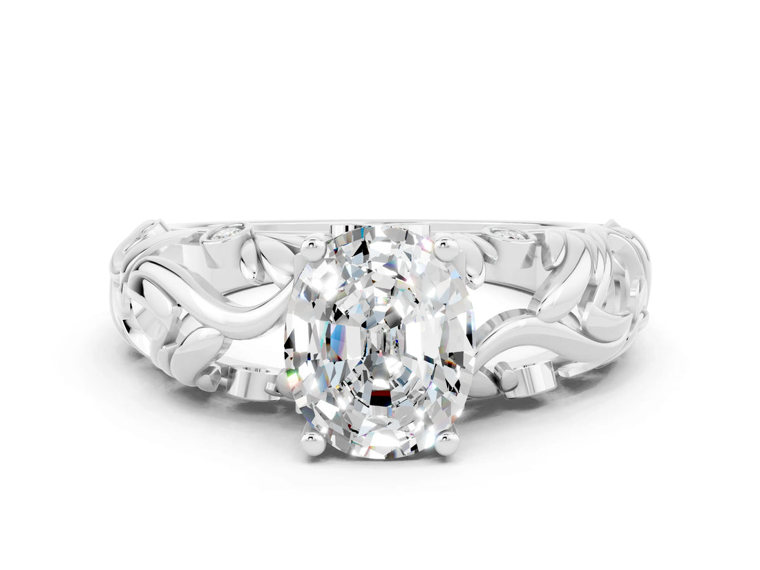 White gold Oval Cut Solitaire Moissanite Leaf-Inspired Vine Band Ring with Prong Setting