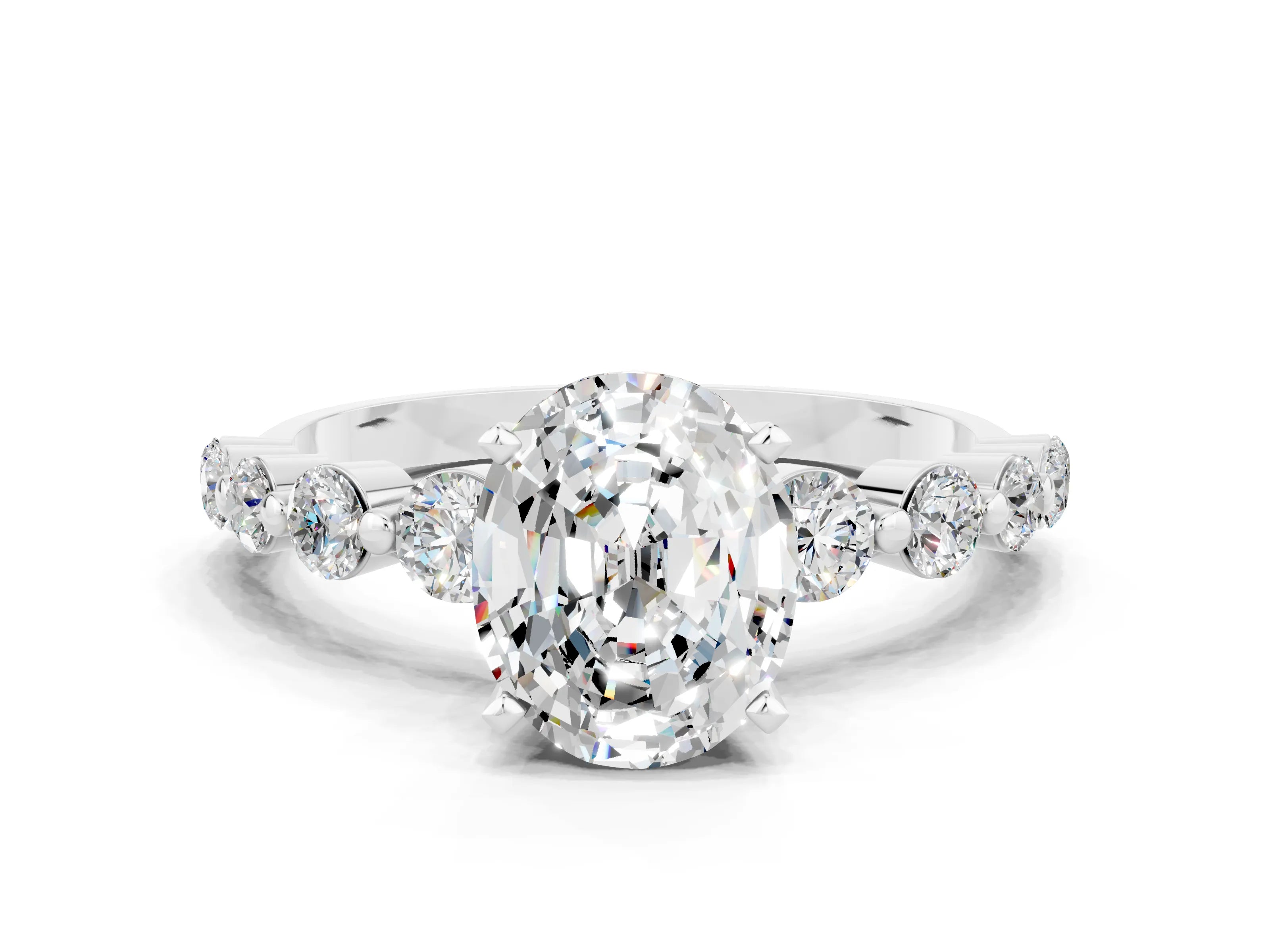White gold Oval Cut Solitaire Moissanite Ring with Pave Band and Four-Prong Setting