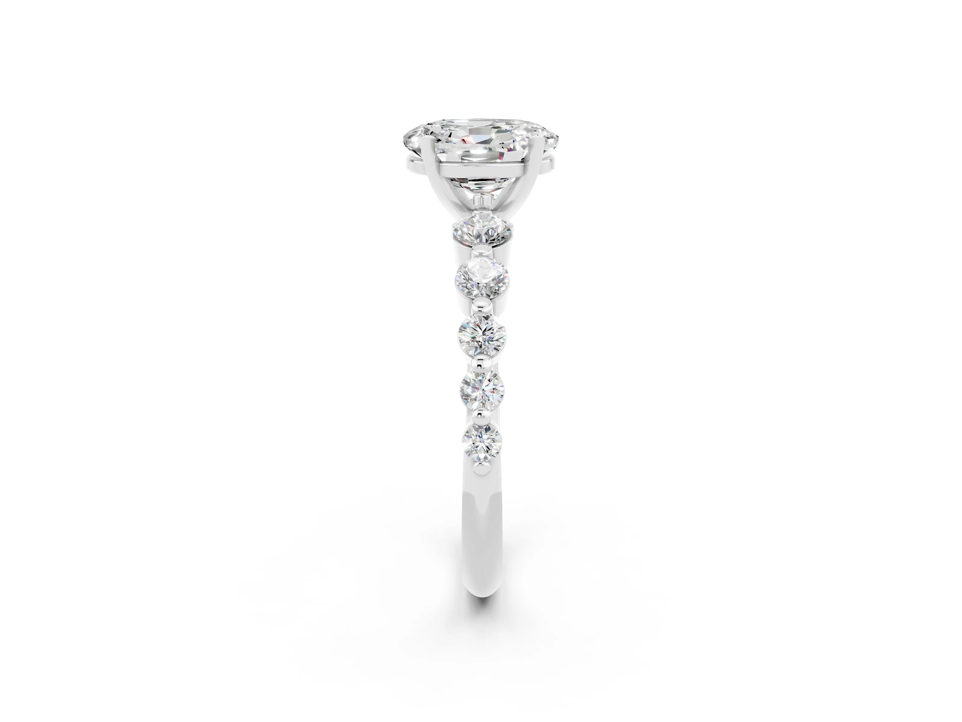 White gold Oval Cut Solitaire Moissanite Ring with Pave Band and Four-Prong Setting_2