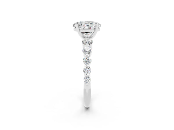 White gold Oval Cut Solitaire Moissanite Ring with Pave Band and Four-Prong Setting