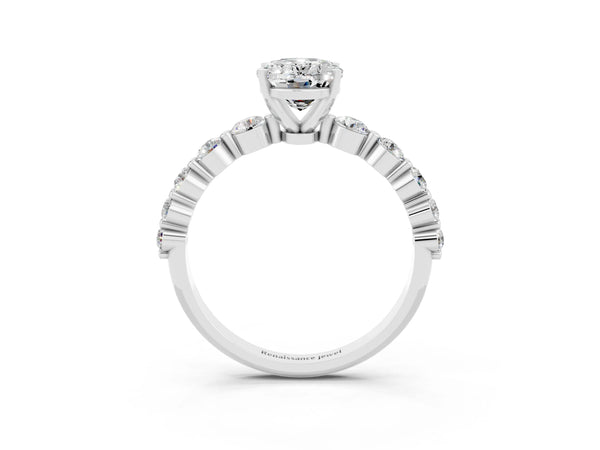 Platinum Oval Cut Solitaire Moissanite Ring with Pave Band and Four-Prong Setting