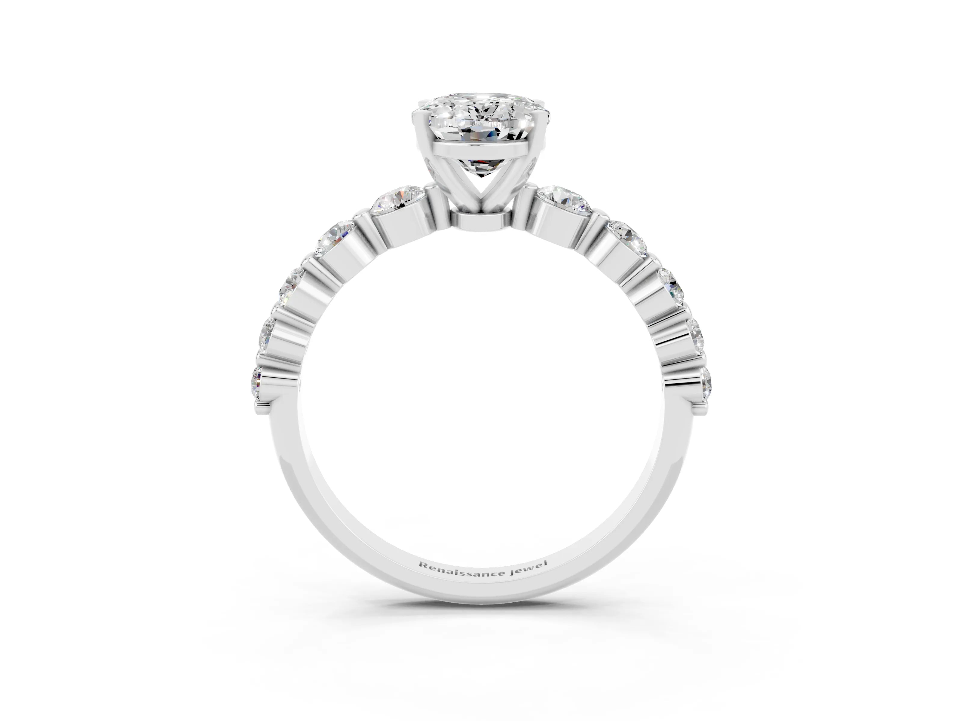 White gold Oval Cut Solitaire Moissanite Ring with Pave Band and Four-Prong Setting_3