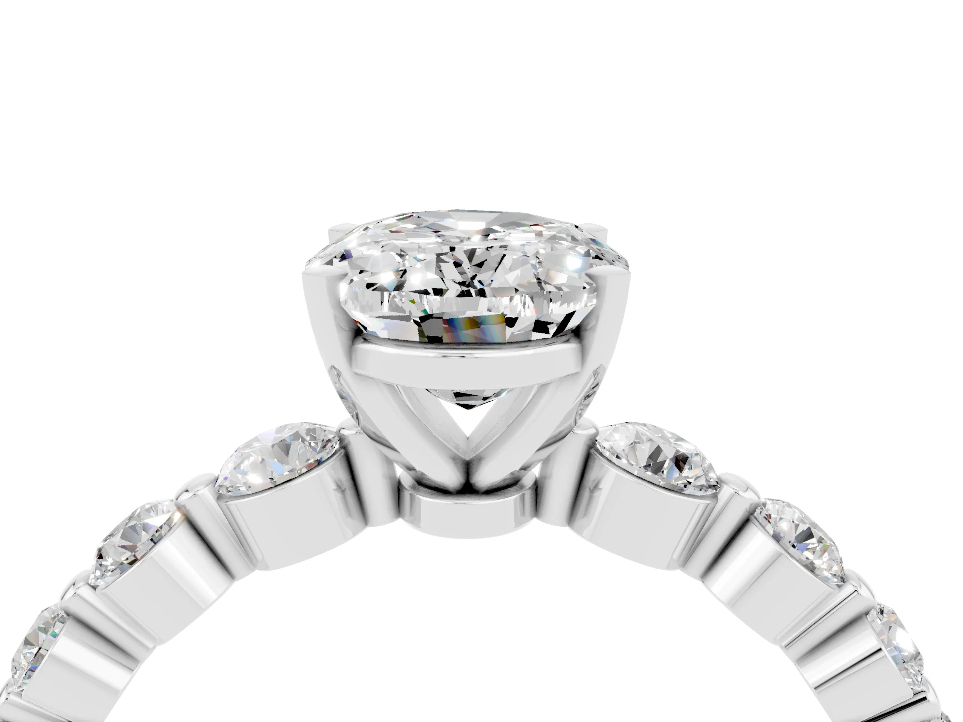 White gold Oval Cut Solitaire Moissanite Ring with Pave Band and Four-Prong Setting_4