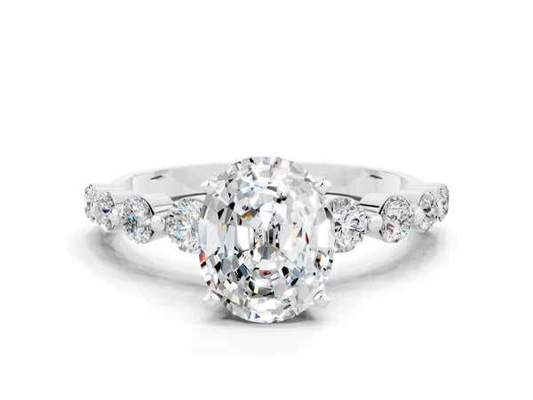 Silver Oval Cut Solitaire Moissanite Ring with Pave Band and Four-Prong Setting
