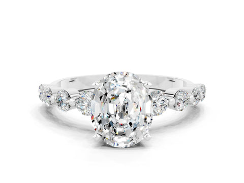 White gold Oval Cut Solitaire Moissanite Ring with Pave Band and Four-Prong Setting