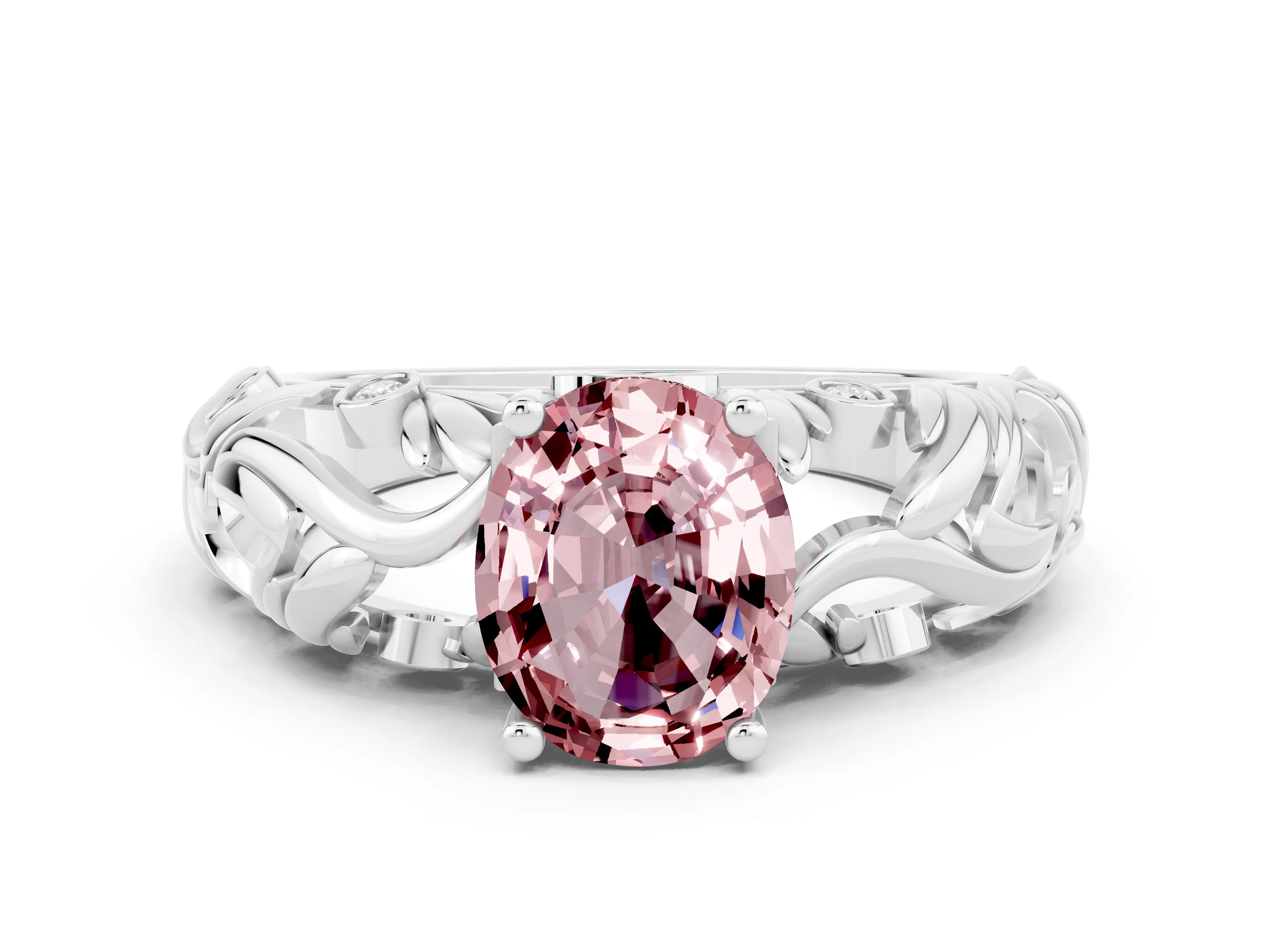 White gold Oval Cut Solitaire Morganite Leaf-Inspired Vine Band Ring with Prong Setting