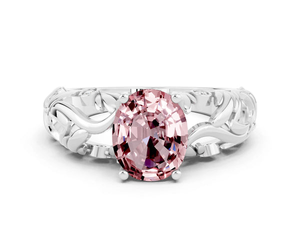 Platinum Oval Cut Solitaire Morganite Leaf-Inspired Vine Band Ring with Prong Setting