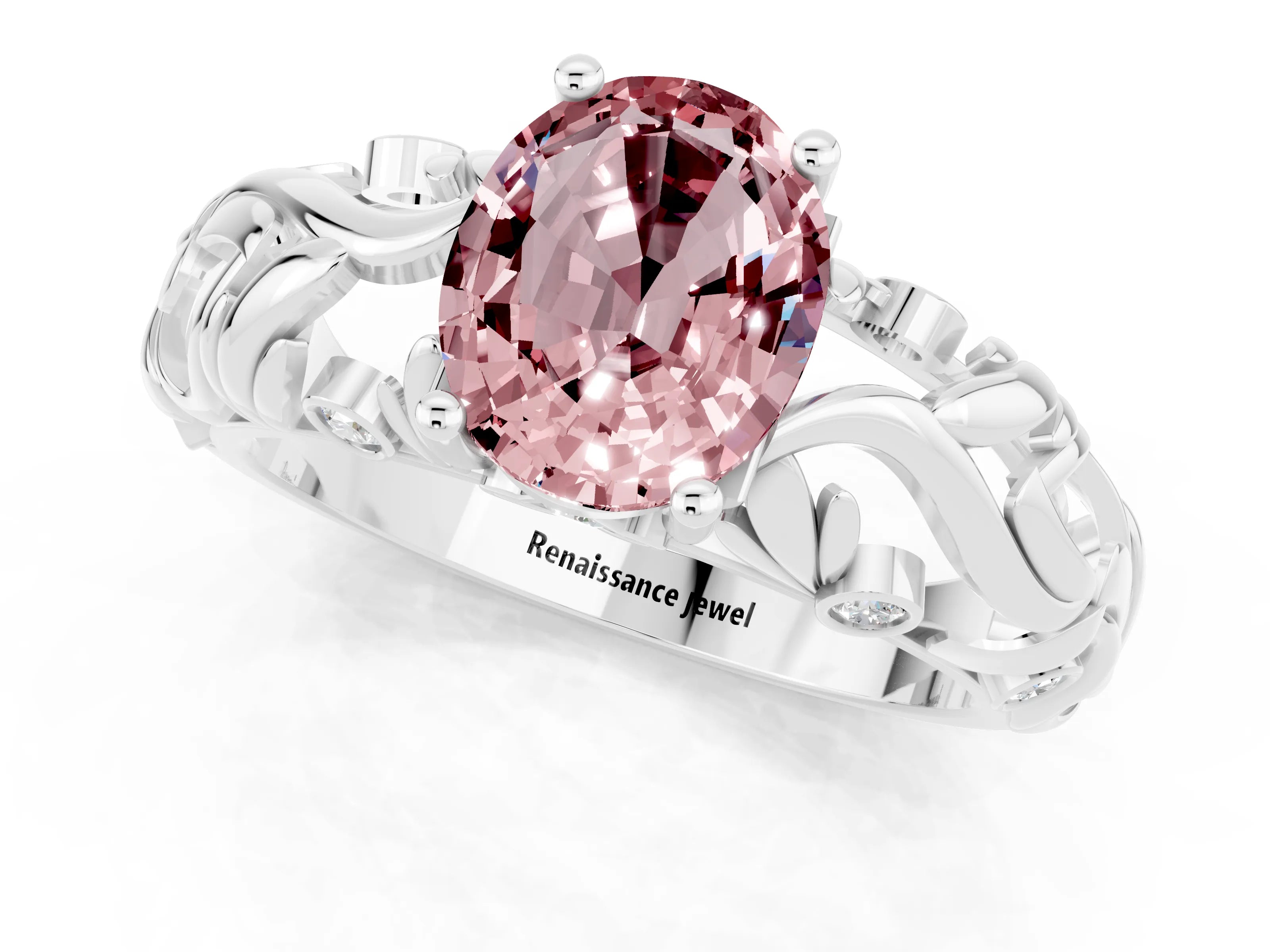 White gold Oval Cut Solitaire Morganite Leaf-Inspired Vine Band Ring with Prong Setting_1