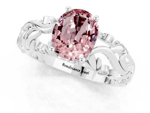 White gold Oval Cut Solitaire Morganite Leaf-Inspired Vine Band Ring with Prong Setting_1