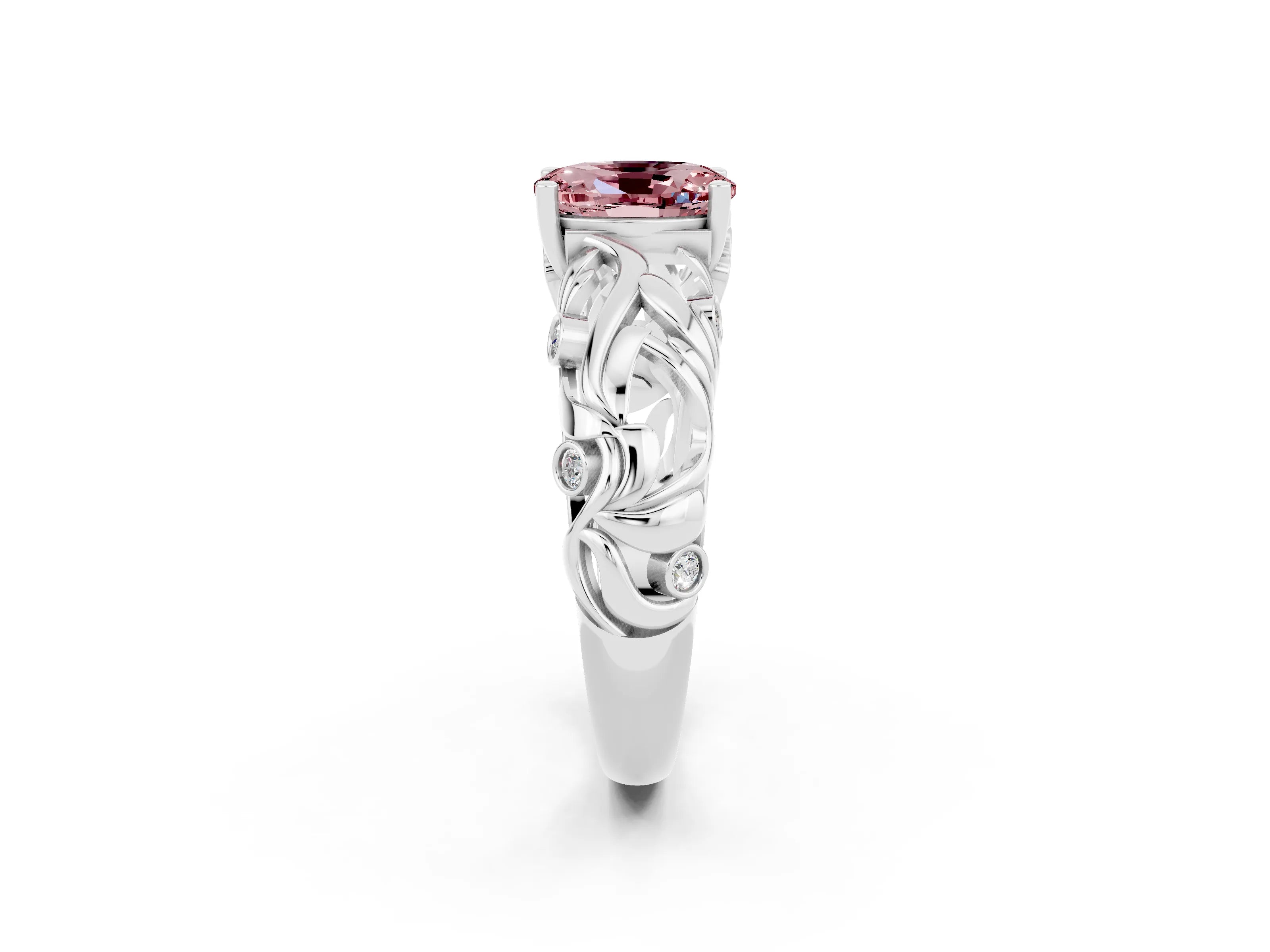 White gold Oval Cut Solitaire Morganite Leaf-Inspired Vine Band Ring with Prong Setting_2