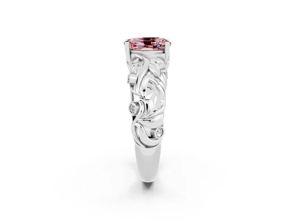 Platinum Oval Cut Solitaire Morganite Leaf-Inspired Vine Band Ring with Prong Setting