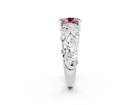 White gold Oval Cut Solitaire Morganite Leaf-Inspired Vine Band Ring with Prong Setting_2