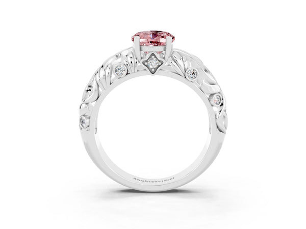 Silver Oval Cut Solitaire Morganite Leaf-Inspired Vine Band Ring with Prong Setting