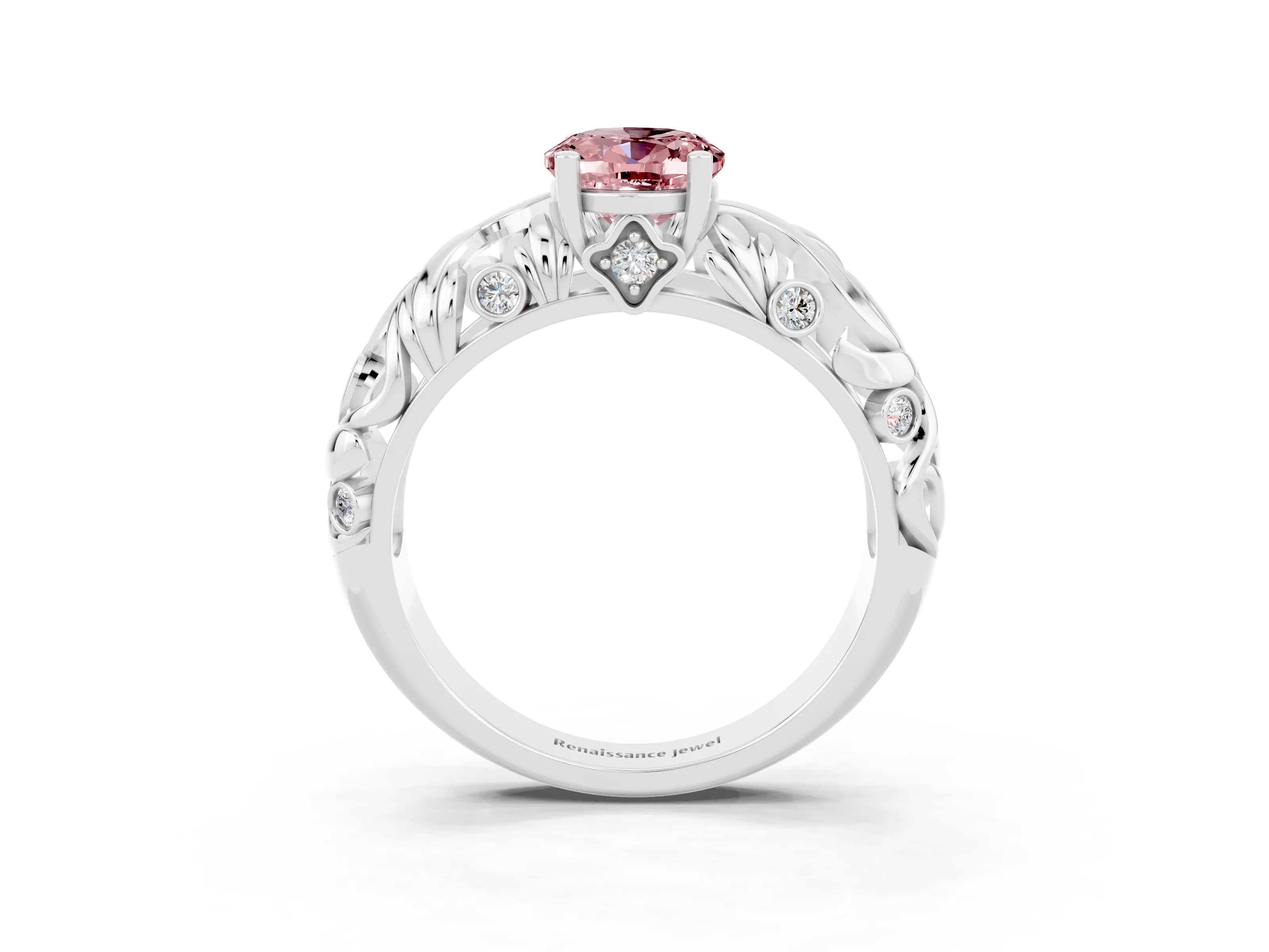White gold Oval Cut Solitaire Morganite Leaf-Inspired Vine Band Ring with Prong Setting_3