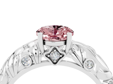 White gold Oval Cut Solitaire Morganite Leaf-Inspired Vine Band Ring with Prong Setting_4