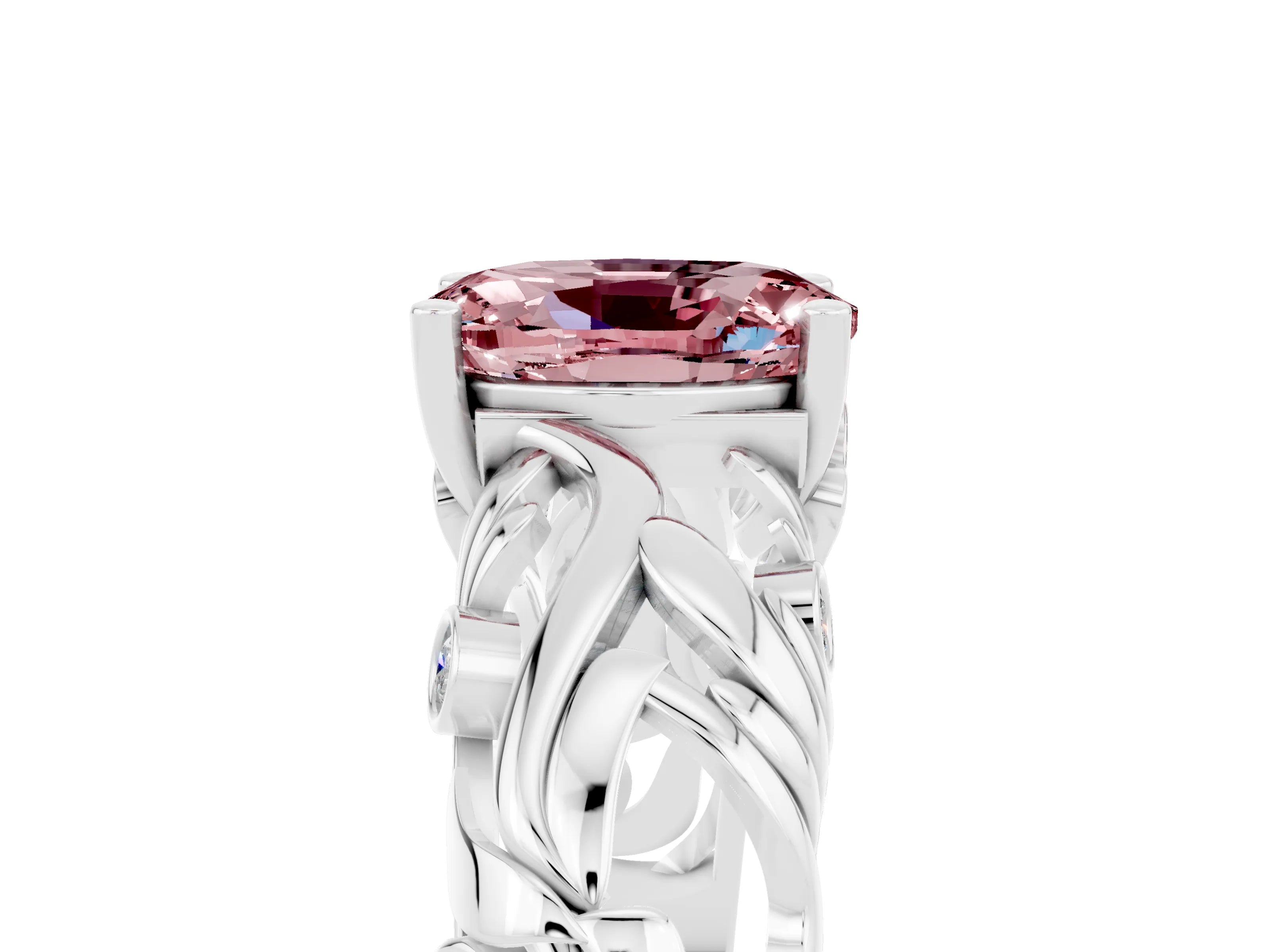 White gold Oval Cut Solitaire Morganite Leaf-Inspired Vine Band Ring with Prong Setting_5