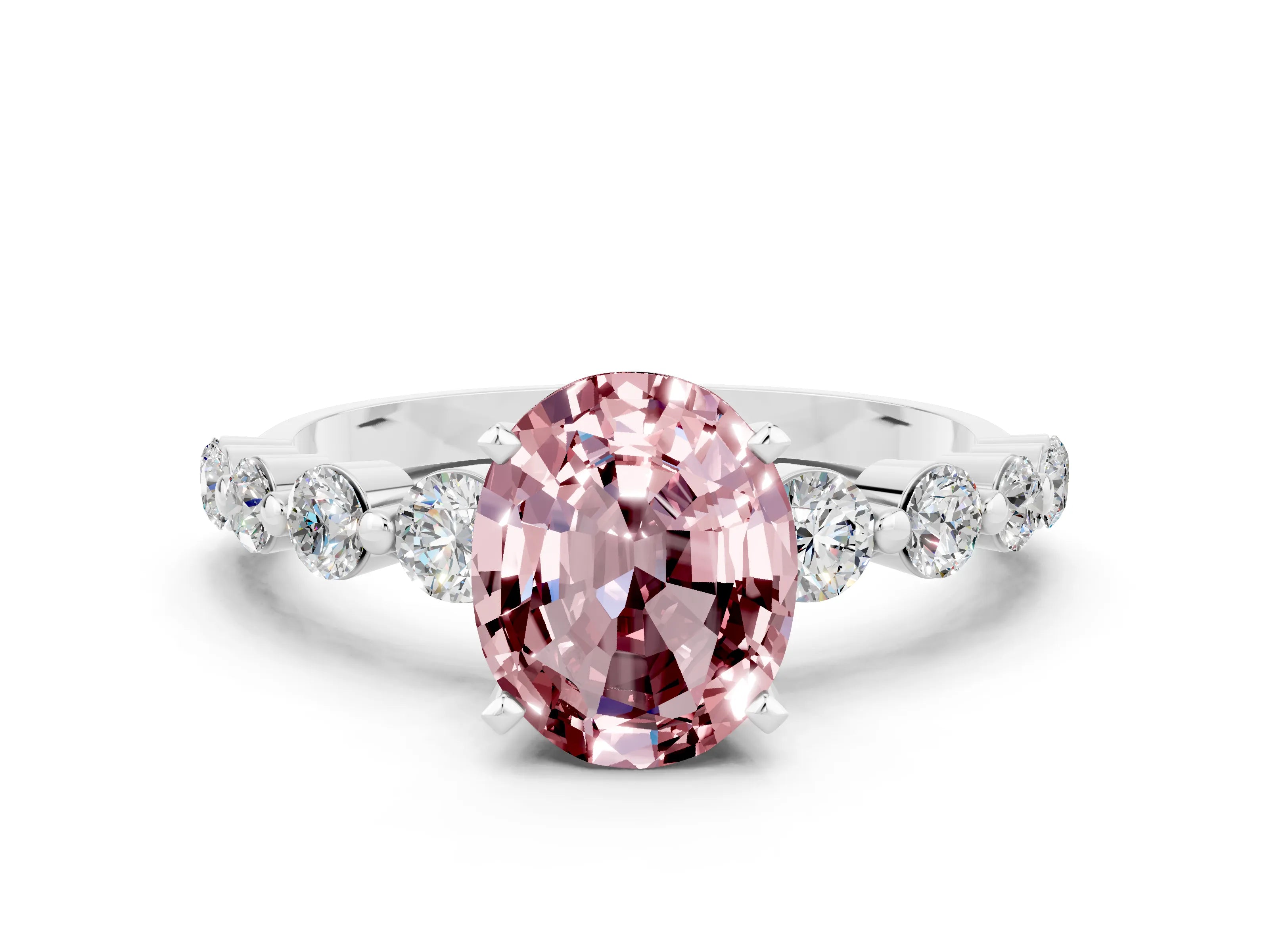 White gold Oval Cut Solitaire Morganite Ring with Pave Band and Four-Prong Setting