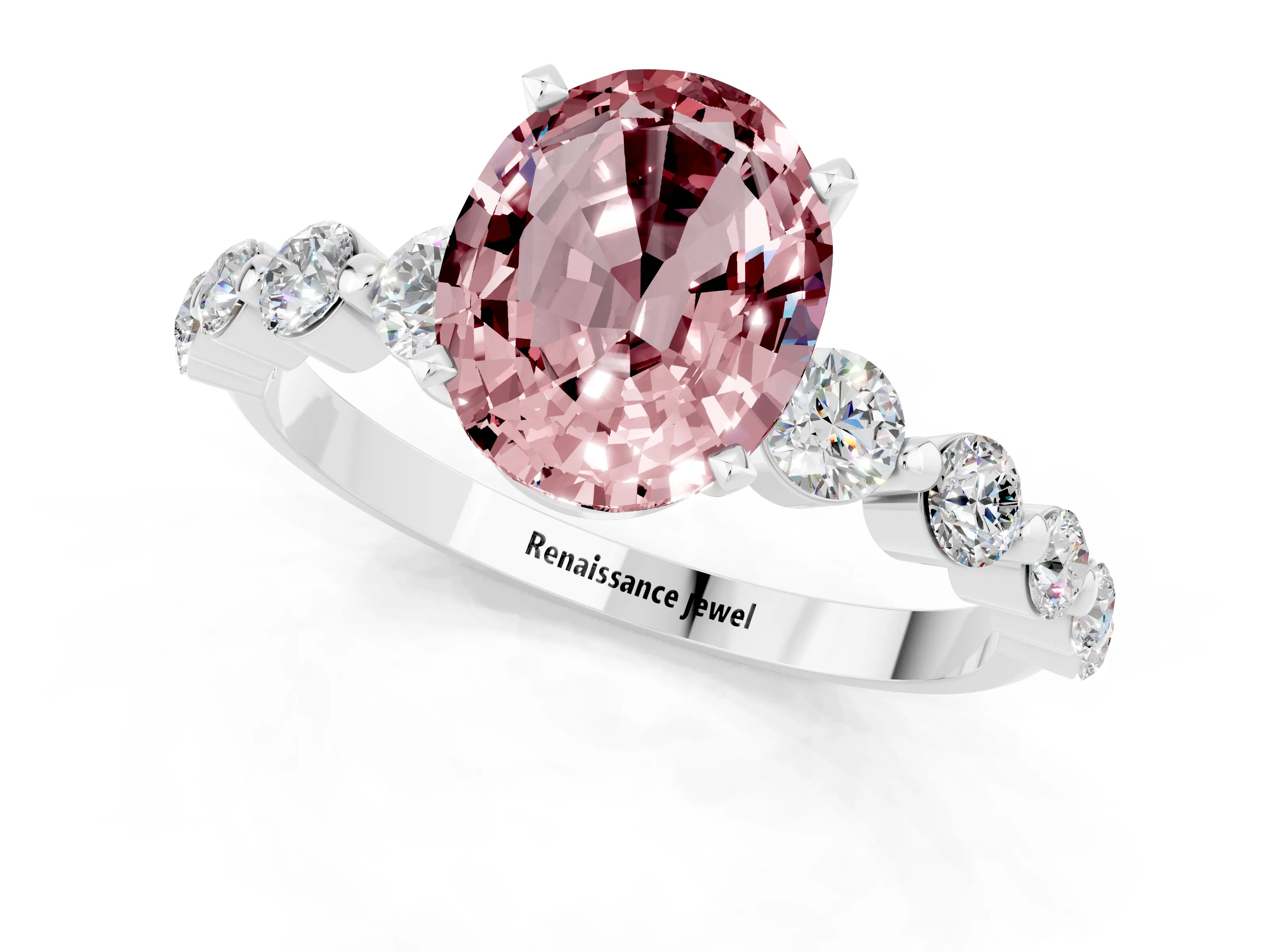 White gold Oval Cut Solitaire Morganite Ring with Pave Band and Four-Prong Setting_1