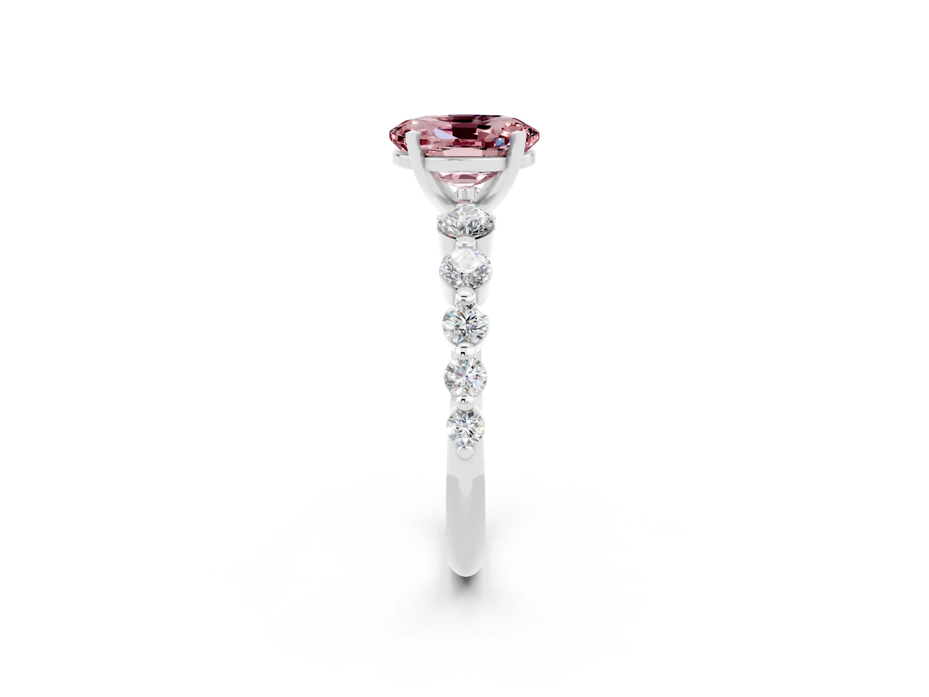 White gold Oval Cut Solitaire Morganite Ring with Pave Band and Four-Prong Setting_2