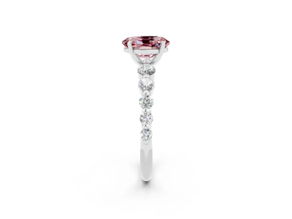 White gold Oval Cut Solitaire Morganite Ring with Pave Band and Four-Prong Setting