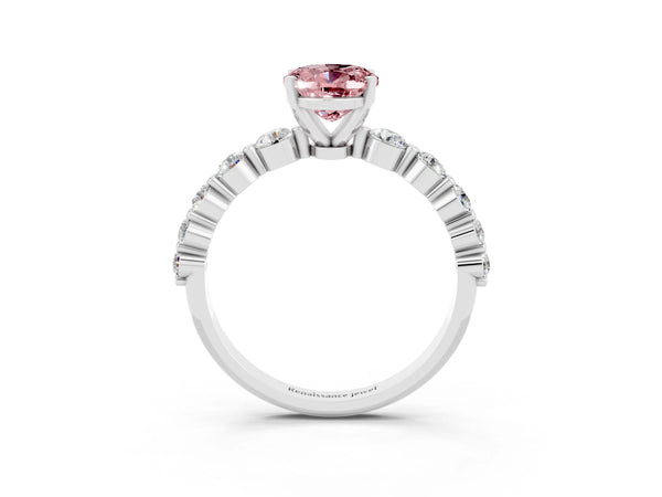 White gold Oval Cut Solitaire Morganite Ring with Pave Band and Four-Prong Setting